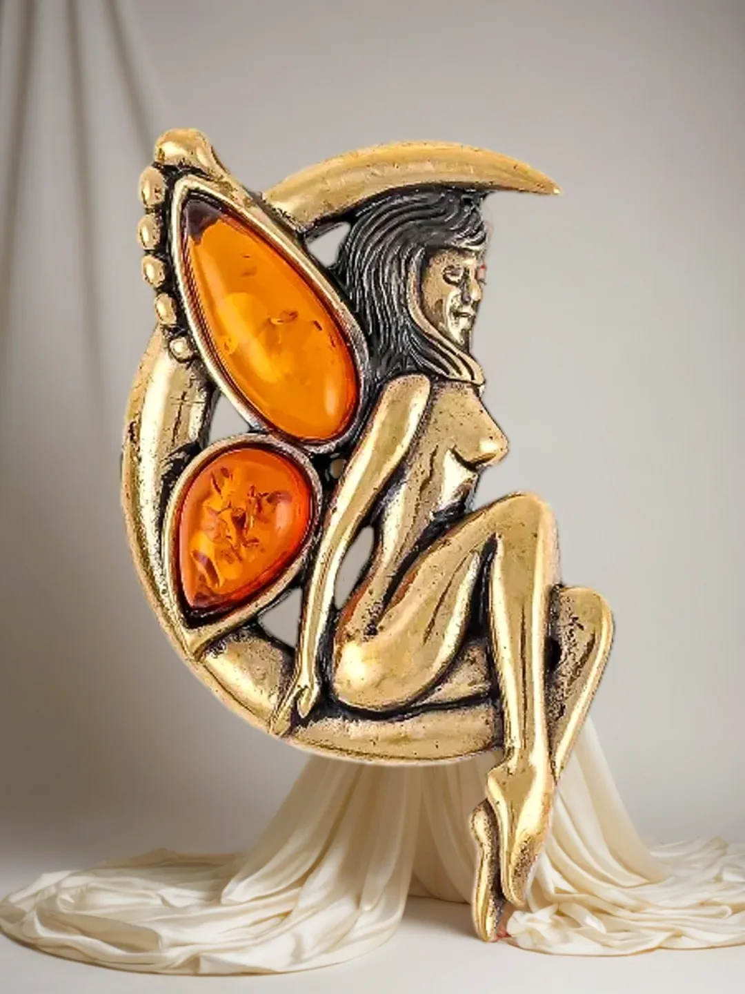 Fairy on Moon Brooch Jewelry for Women Unique Handmade Brooch Gold Brass Burnt Orange Baltic Amber star Jewelry Vintage