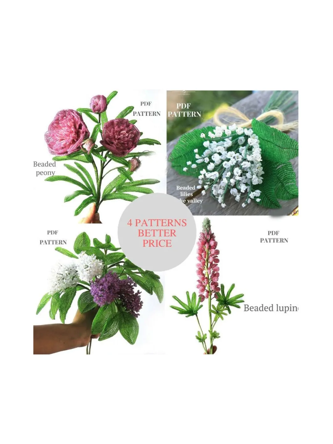 Beaded lilies of the valley, lilac, lupine, peony | Beaded Flowers pattern | Seed bead patterns