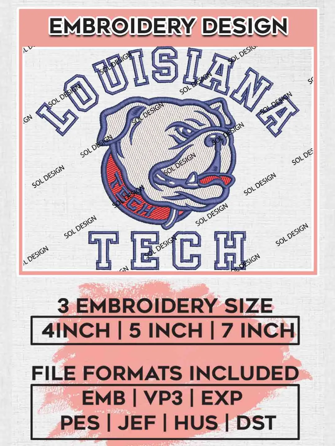 Louisiana Tech Bulldog Embroidery Design, Football Embroidery files, Sport Machine embroidery files, 3 sizes, Instant Download