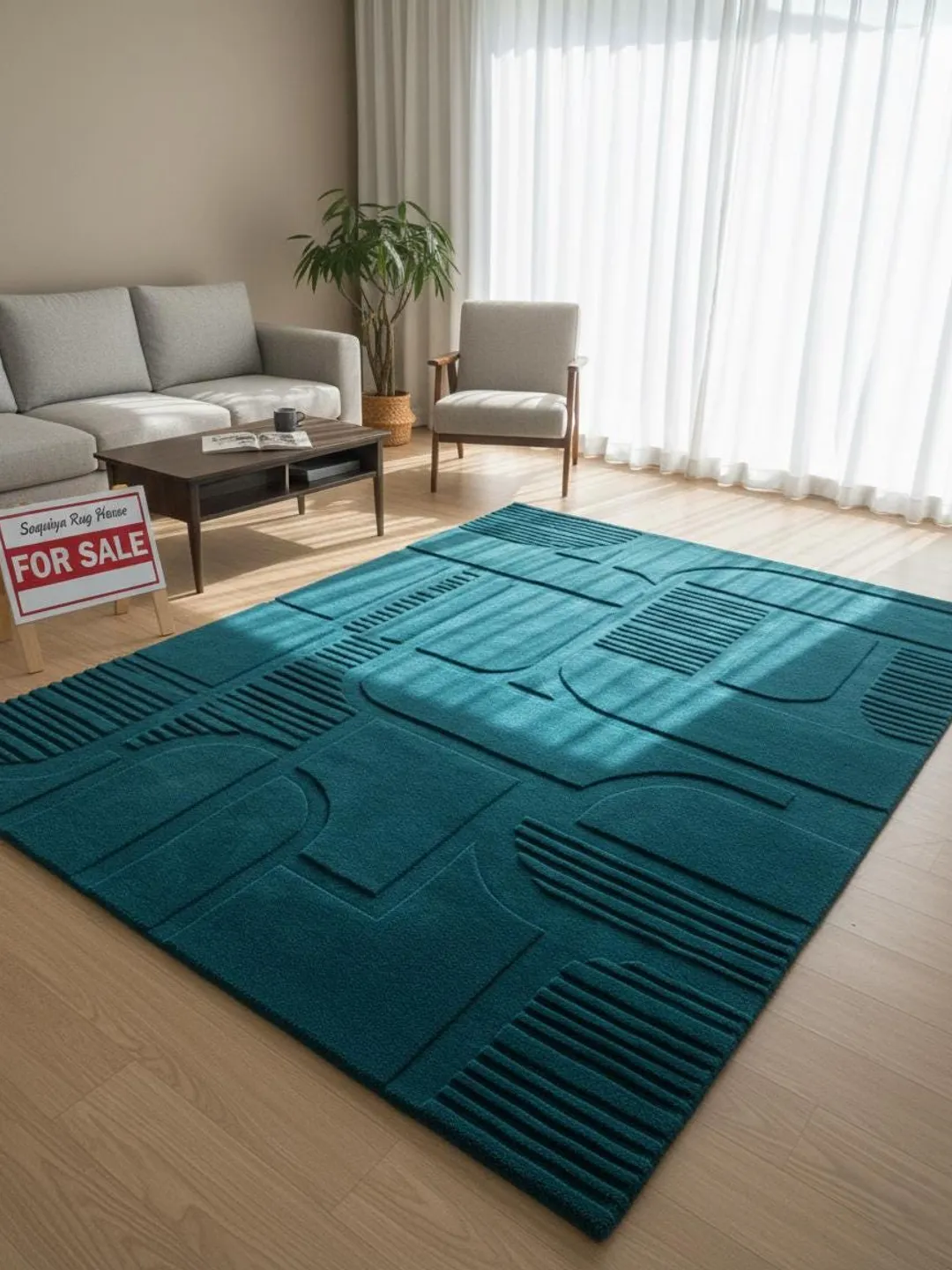 Teal Pattern Rug Texture Teal Wool Area Rug | Hand Tufted, 3D Sculpted Texture, Custom Size