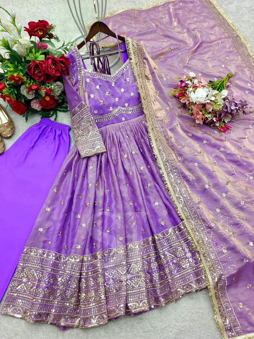 Indian Designer Anarkali Kurta Pant & Dupatta Set, Pakistani Embroidered Salwar Kameez Ready to Wear Set, 3 Piece Combo, Fully Stitched Suit