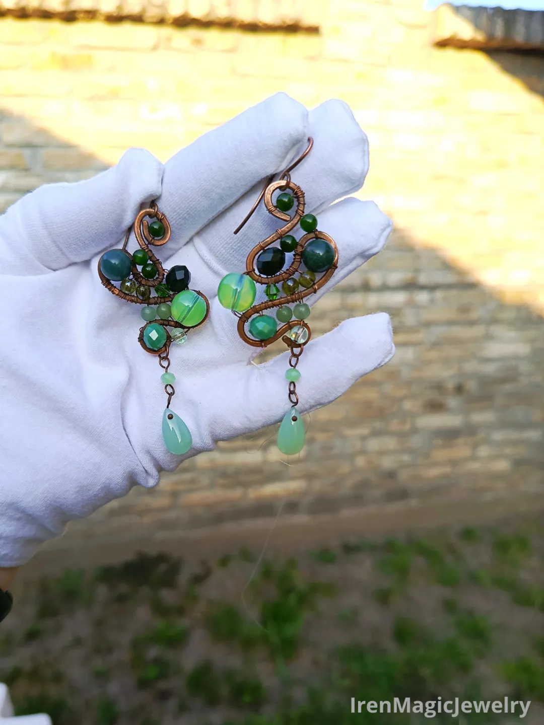 Green Asymmetrical Copper Earrings