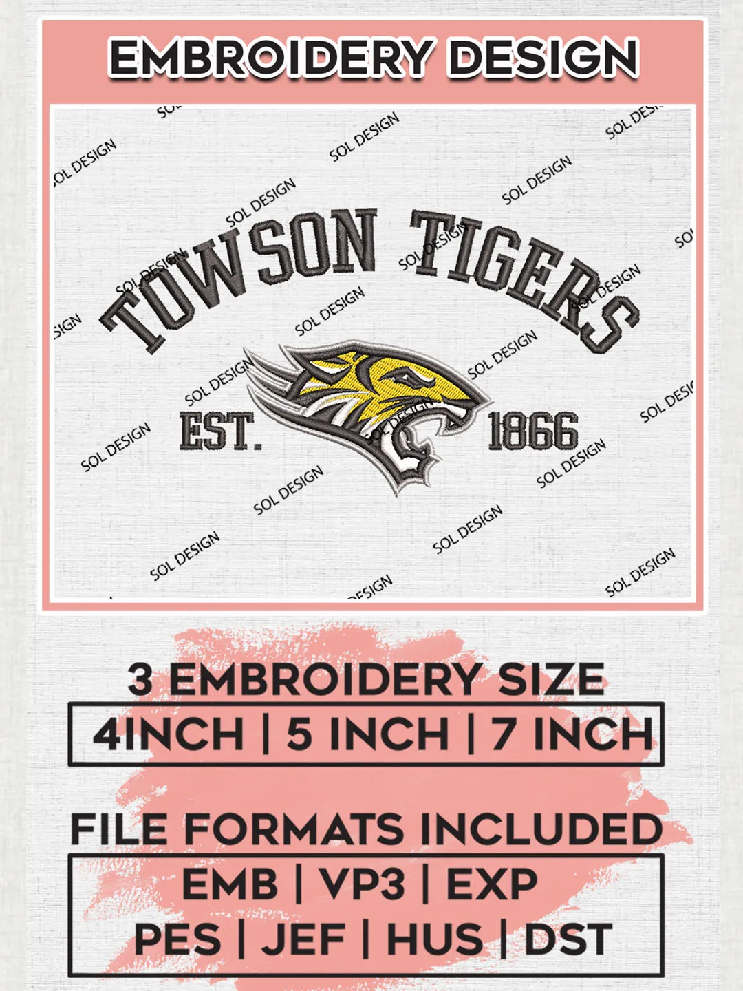 Towson Tigers Est 1866 Logo Embroidery Designs, NCAA Towson Tigers Team Embroidery, NCAA Team Logo, 3 sizes, Machine embroidery Files, Digital Download