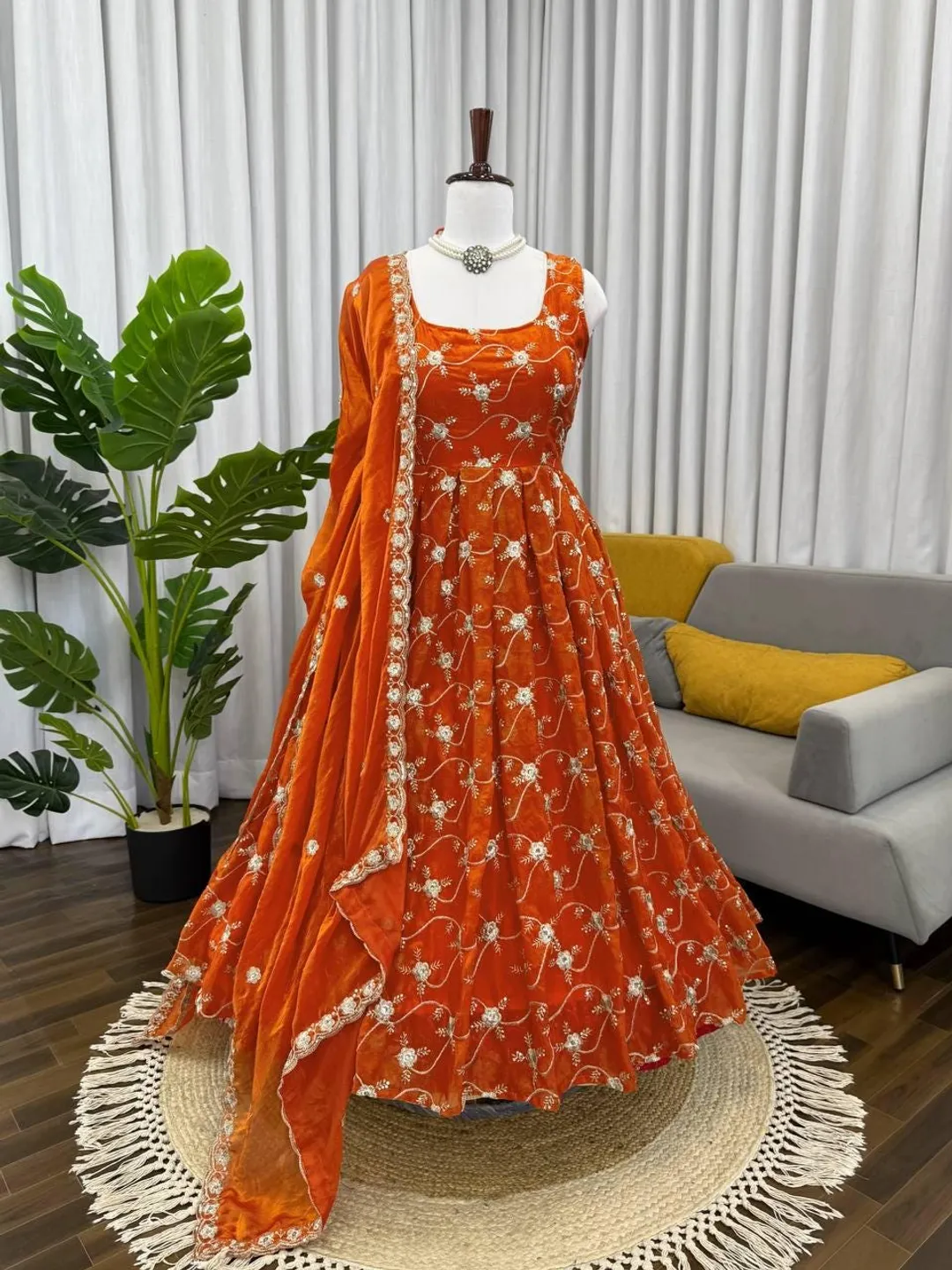 Heavy Fendi Silk Anarkali Set, Sequins Embroidery, Indian Wedding Festive Dress