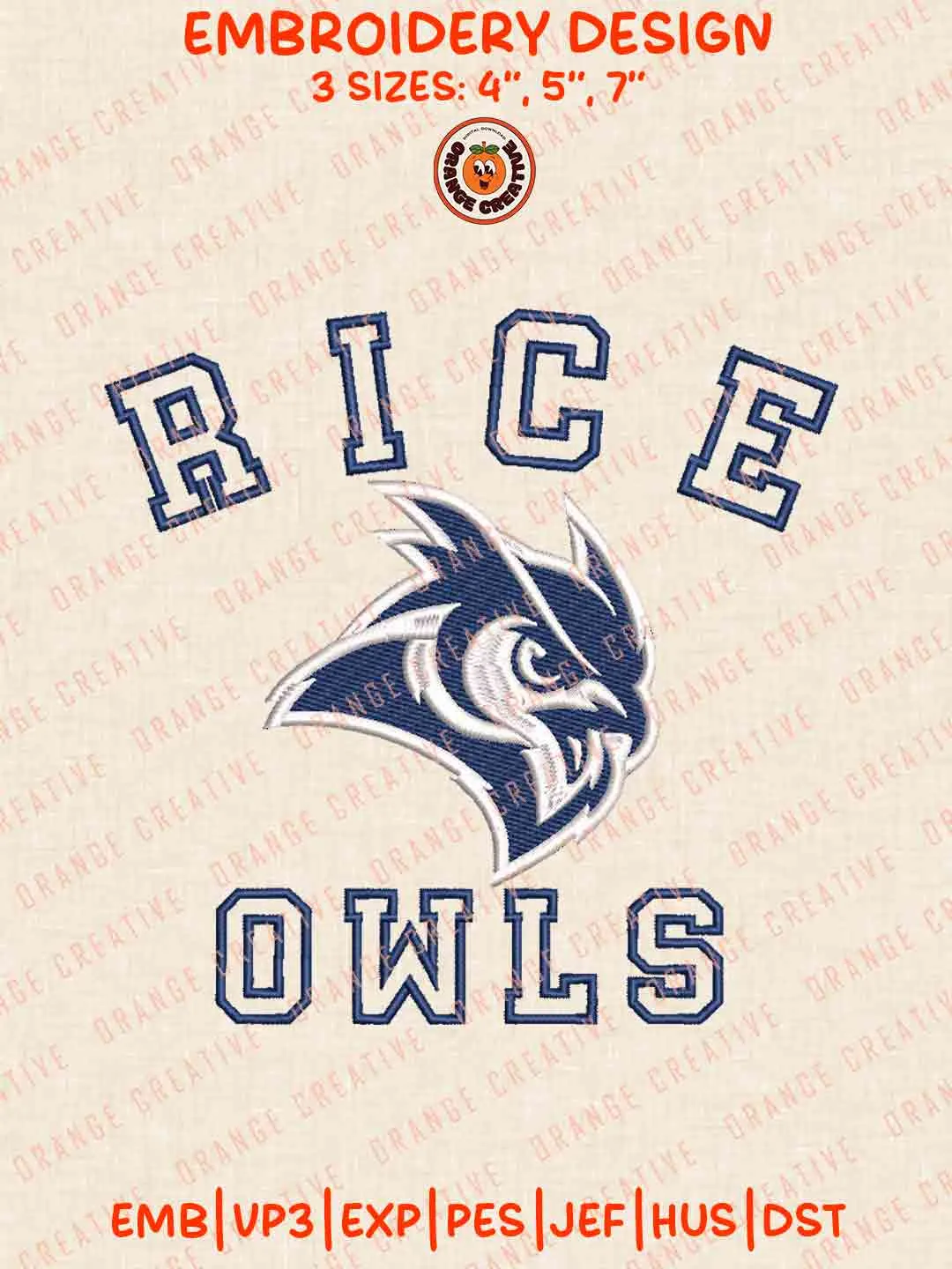 Rice Owls Logo Embroidery Design, NCAA Rice Owls Team Machine Embroidery Digitized Pes File, 4 Sizes, Custom Size, Instant Download