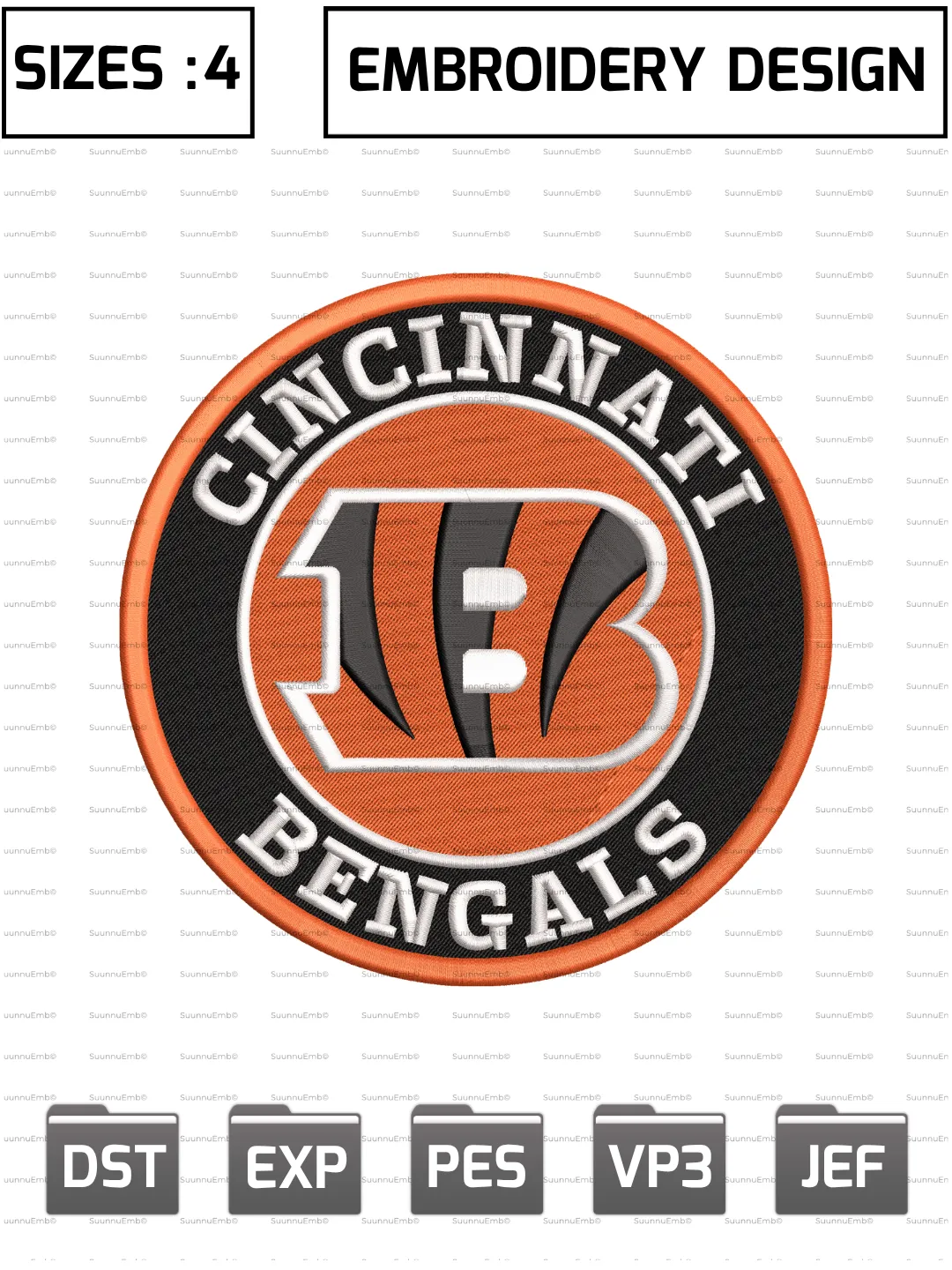 Cincinnati Bengals Circle Logo Embroidery Design,NFL Logos Embroidery Design,NFL Teams, Machine Embroidery Design File,4 Sizes, Digital Download