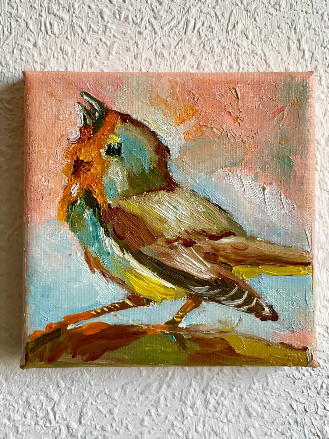 Robin Painting, Original Oil painting on Canvas, Tiny Bird art painting, Miniature Artwork