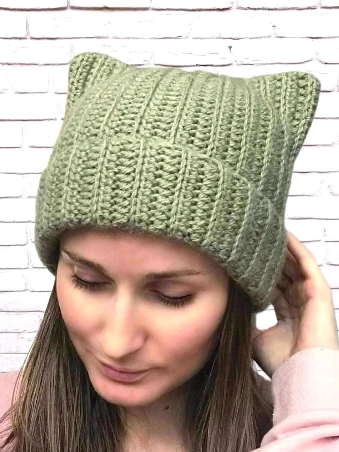 Cat Ear Beanie Warm Alpaca Wool Knit Hat Green Crochet Soft Beanie Cute Cozy Winter Hat Funny Animal Ears Ribbed Hat Unisex Cat Lover Gift