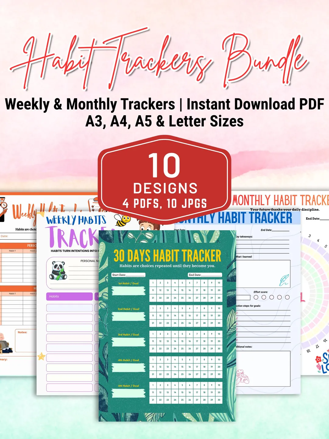 Printable Habit Tracker Bundle, Goal & Mood Tracker, Wellness Planner ...