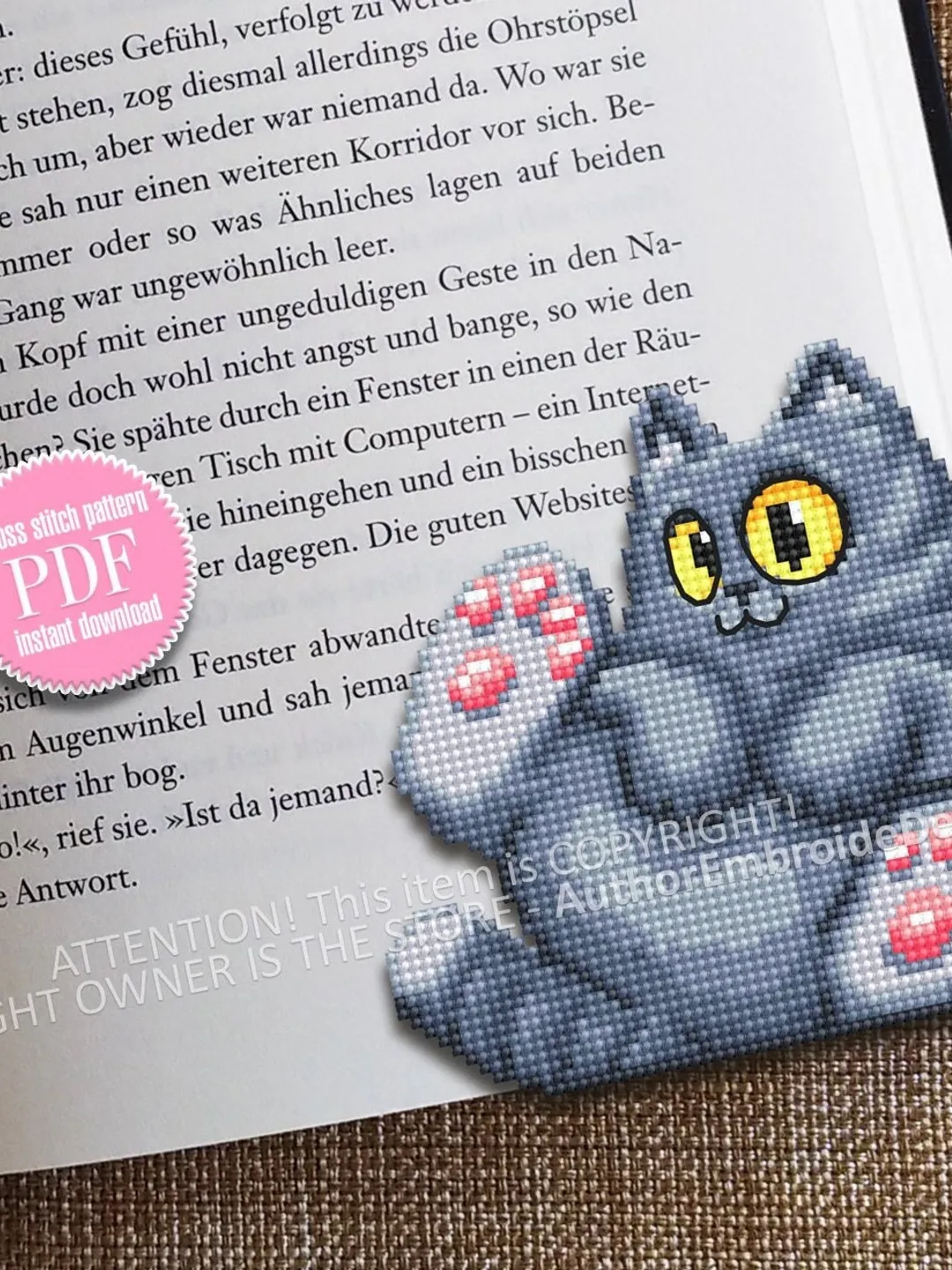 Gray cat corner bookmark cross stitch pattern download PDF Cat cross stitch chart, Cat bookmark digital pattern PDF, Cat lover gift #B269