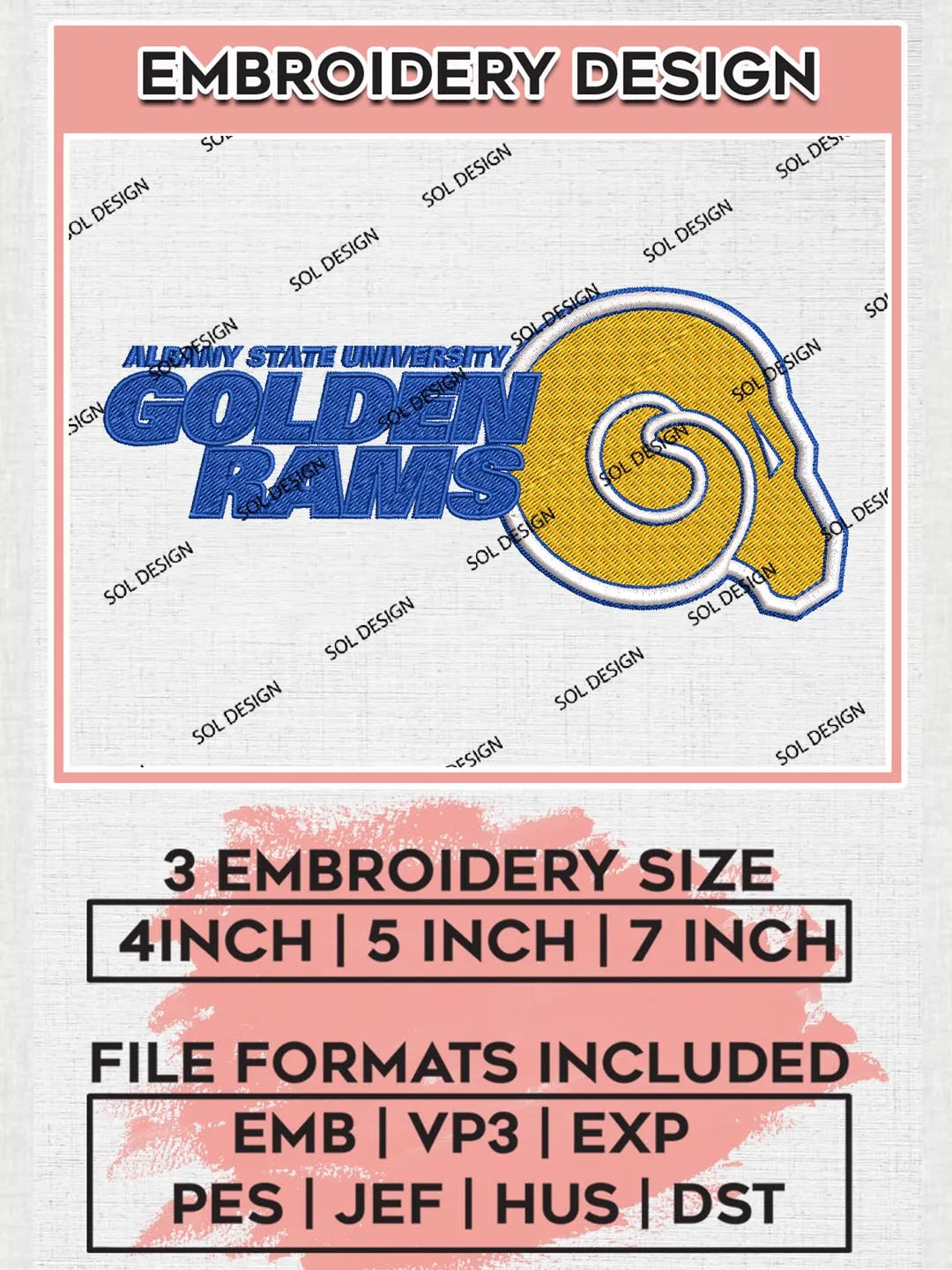 NCAA Golden Rams Univer.sity Team Mascot Logo Embroidery Design Files, NCAA Albany State Golden Rams Machine Embroidery, NCAA Teams, 3 sizes, NCAA Machine embroidery designs, Digital Download