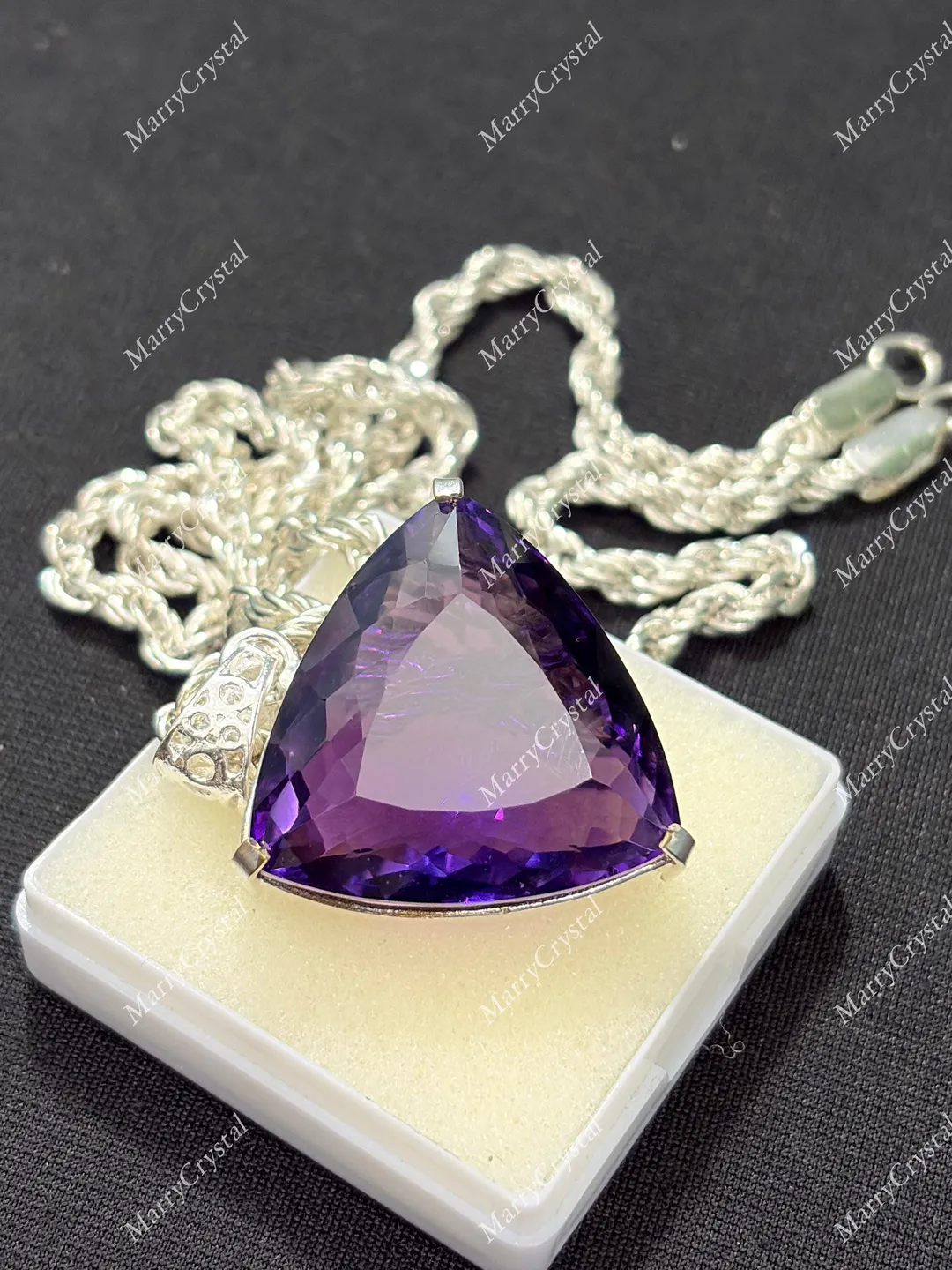 Unique 80 Ct Purple Amethyst Hydrothermal GS Silver Trillion Pendent ...