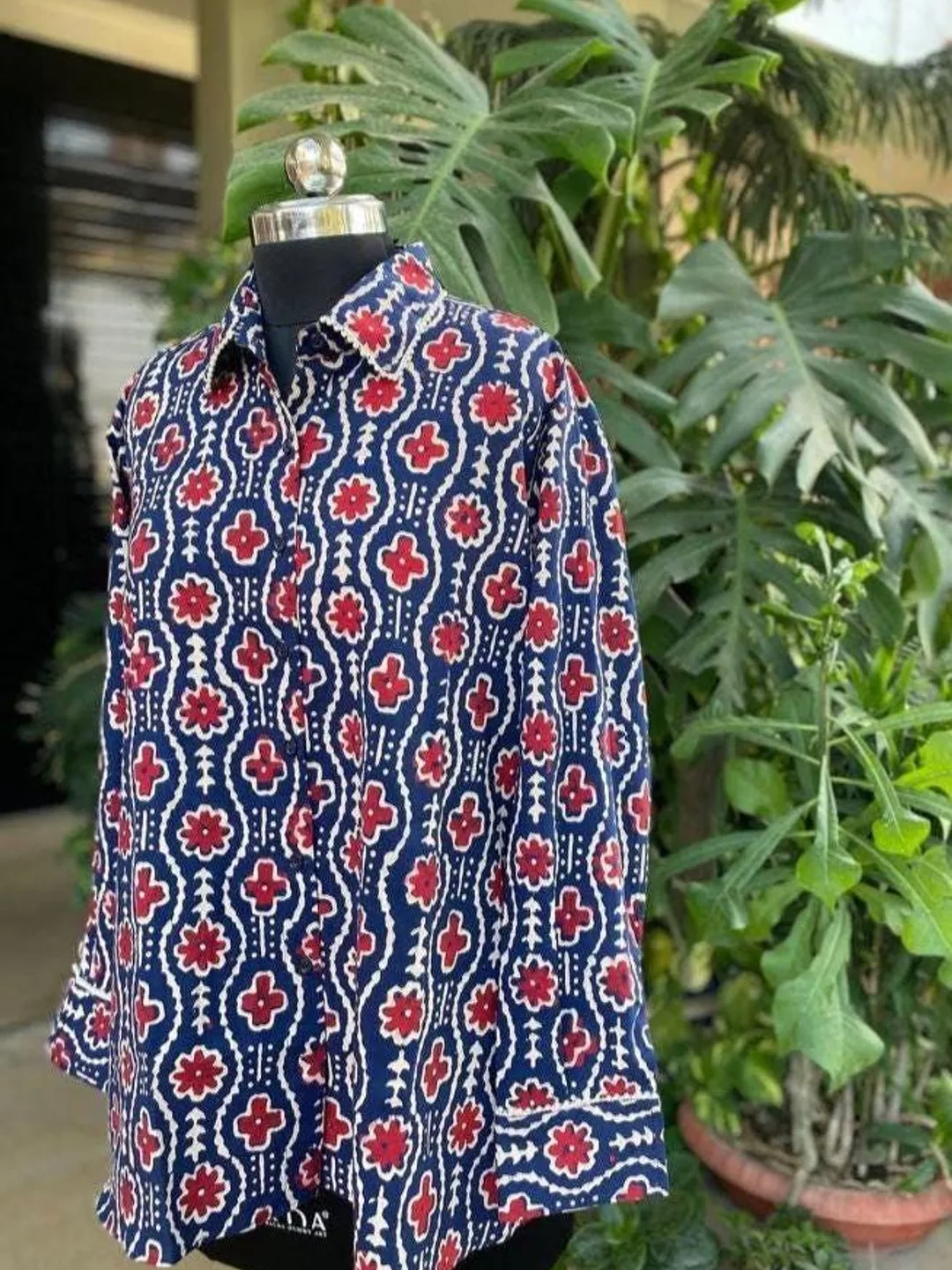 Blue Floral Cotton Shirt | Hand Block Print Boho Top
