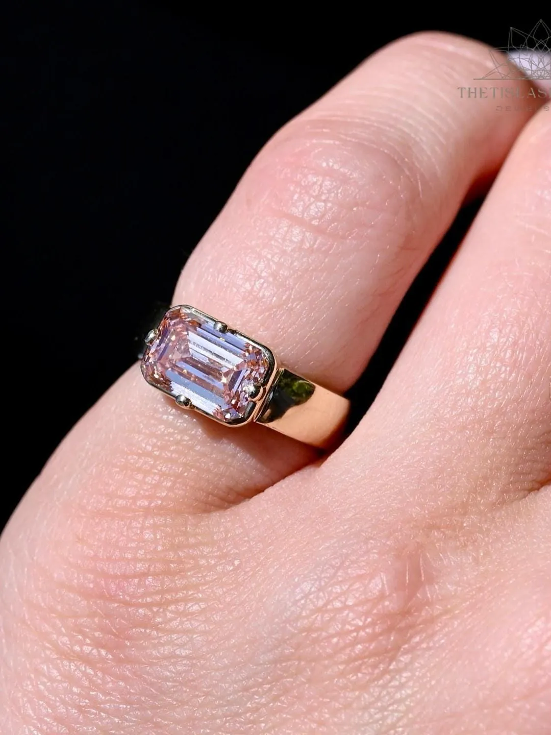 East West Emerald Cut Moissanite Engagement Ring Solitaire Emerald Pink Diamond 14K Solid Gold Ring Compass Prong Anniversary Ring For Women