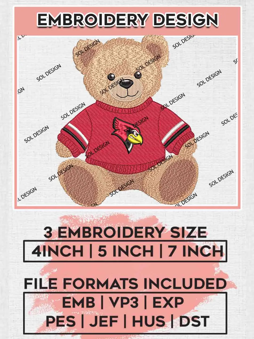 Illinois State Redbirds x Cute Teddy Bear Logo Embroidery Designs, NCAA Logo Embroidery files, NCAA Illinois State Team, Machine embroidery designs, Instant Download