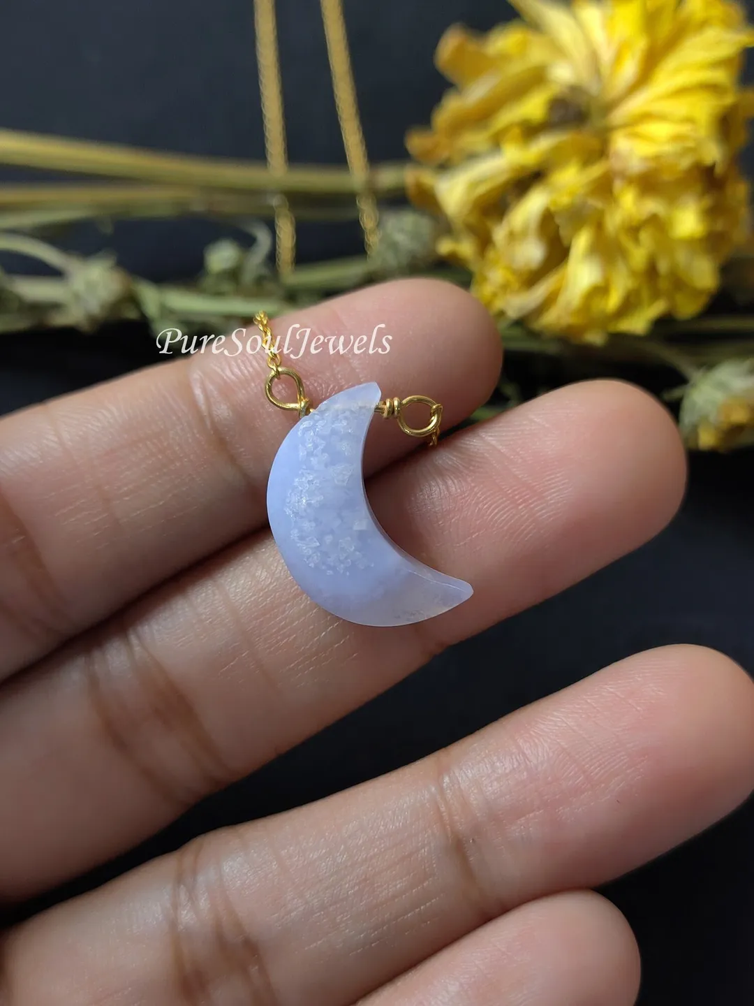 Blue Lace Agate Crescent Moon Necklace, Sterling Silver Boho Celestial Jewelry