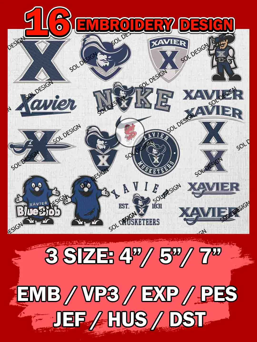 16 NCAA Xavier Musketeers Bundle Embroidery Files, NCAA Xavier Musketeers Team Bundle Embroidery Designs, NCAA Teams, National College Football Team 3 sizes, NCAA Musketeers Machine Embroidery, Digital Download