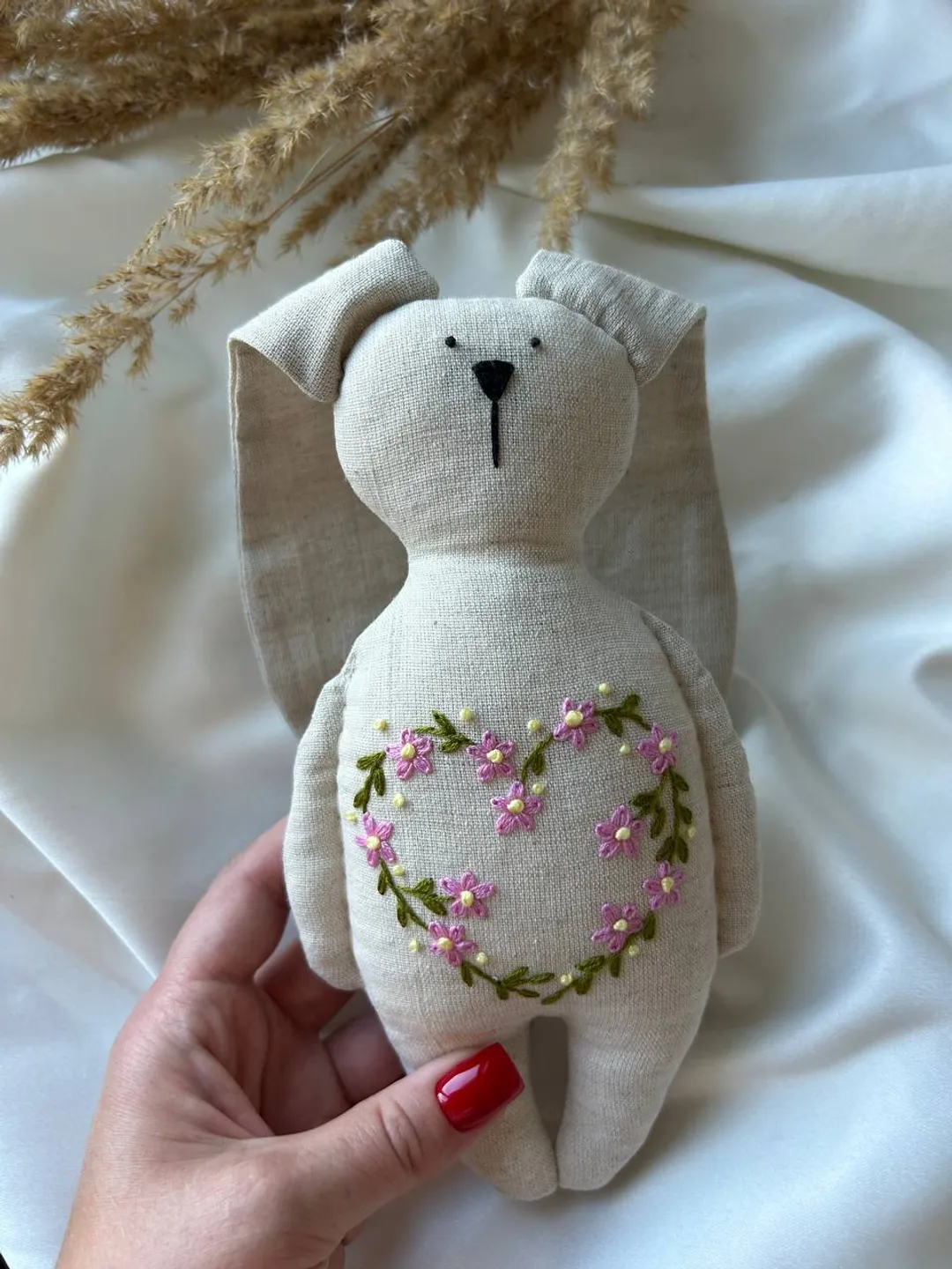 Linen toy bunny, embroidered toy, bunny toy