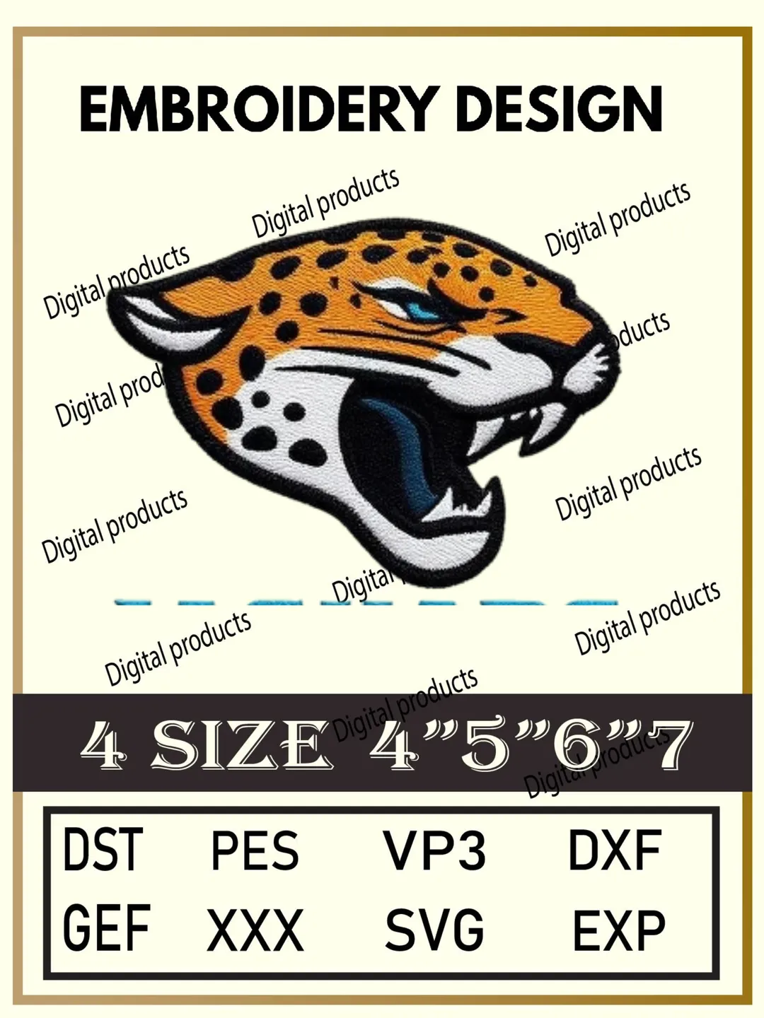 Jacksonville Jaguars Embroidery Design Digital Logo Pattern with Roaring Jaguar Head and Orange Black Spots for Machine Embroidery Projects in Four Sizes with Multiple Compatible Formats Including DST, PES, VP3, DXF, GEF, XXX, SVG, EXP Download