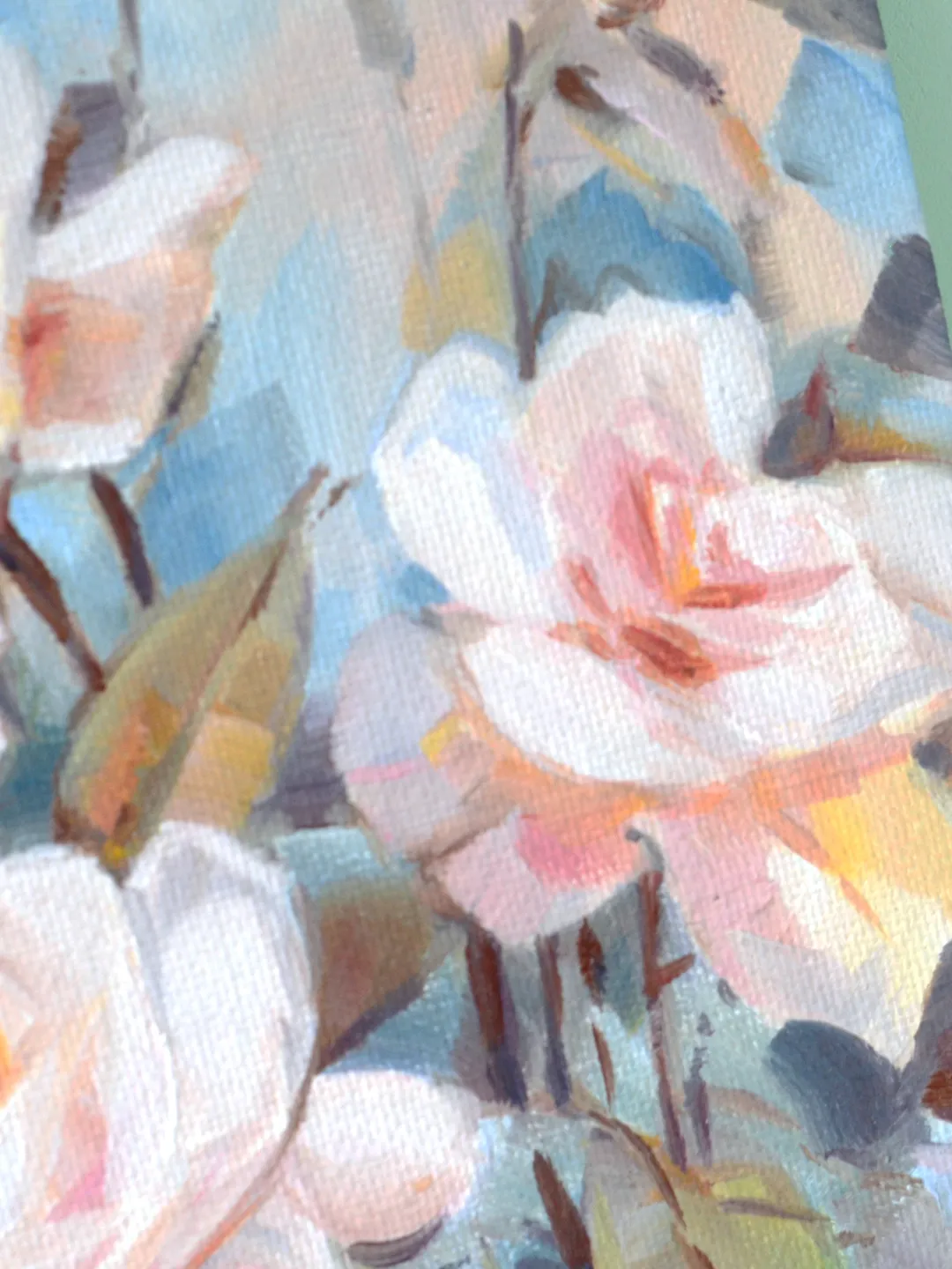 Roses oil painting / Pink flowers on blue art