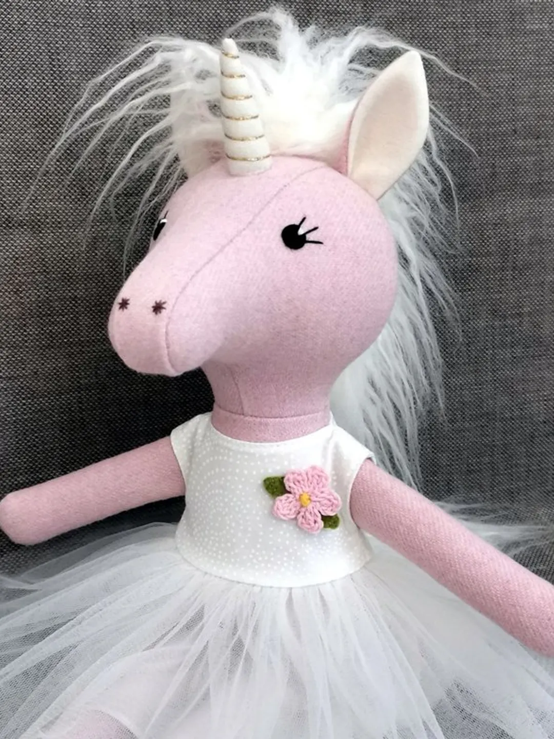 Pink unicorn girl, handmade plush toy, stuffed wool unicorn doll, soft rag doll