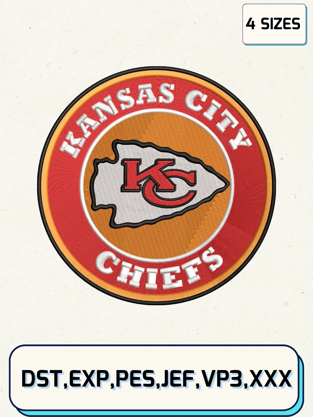 Kansas City Chiefs Logos Embroidery Design Files, NFL Logos Embroidery Designs, Machine Embroidery Files, 4 Sizes
