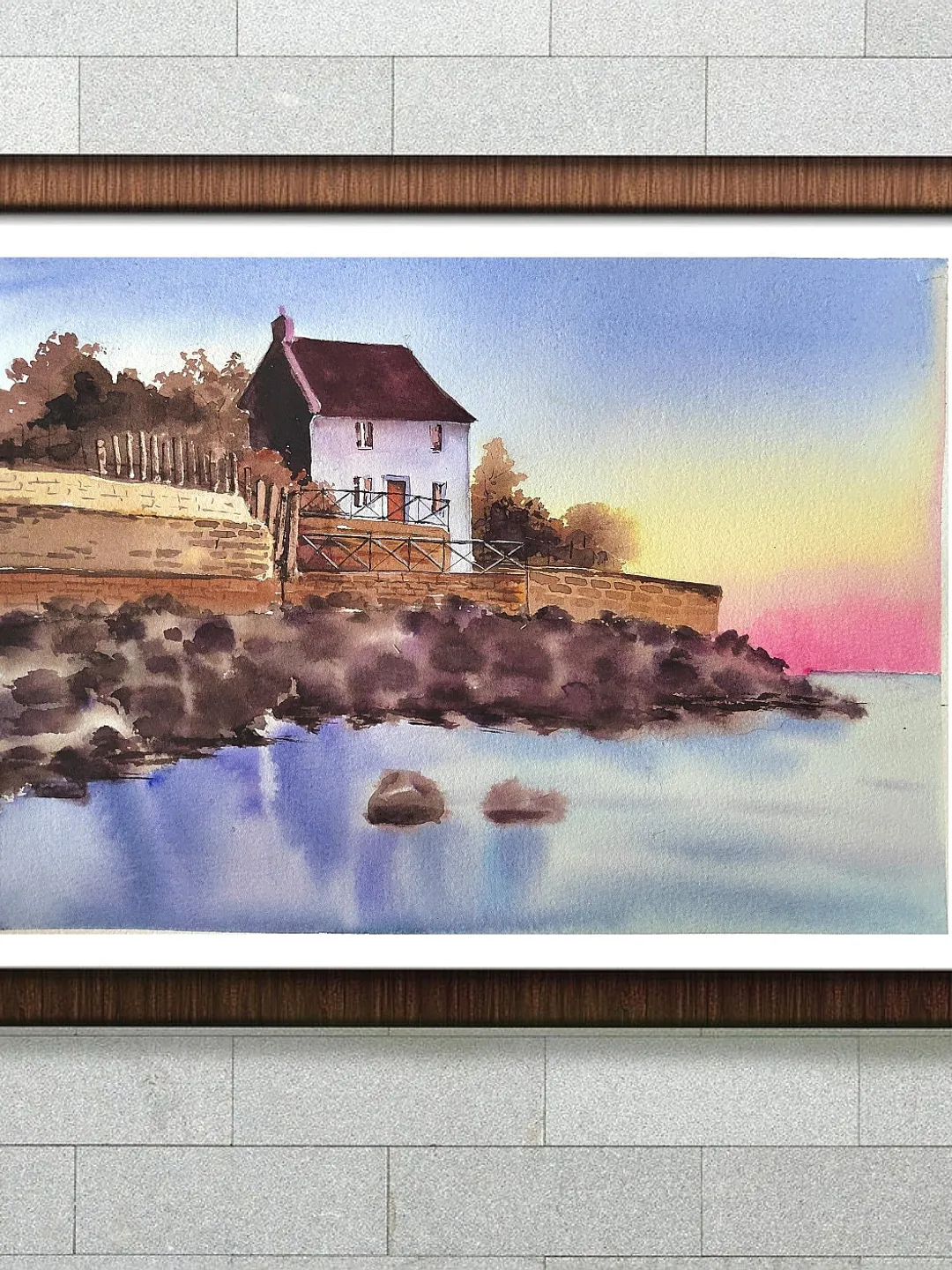 Coast Villa Painting Sunset Frejus Artwork Seascape in Watercolor Original Watercolor Painting 8.27x11.69 in by SoftWaves