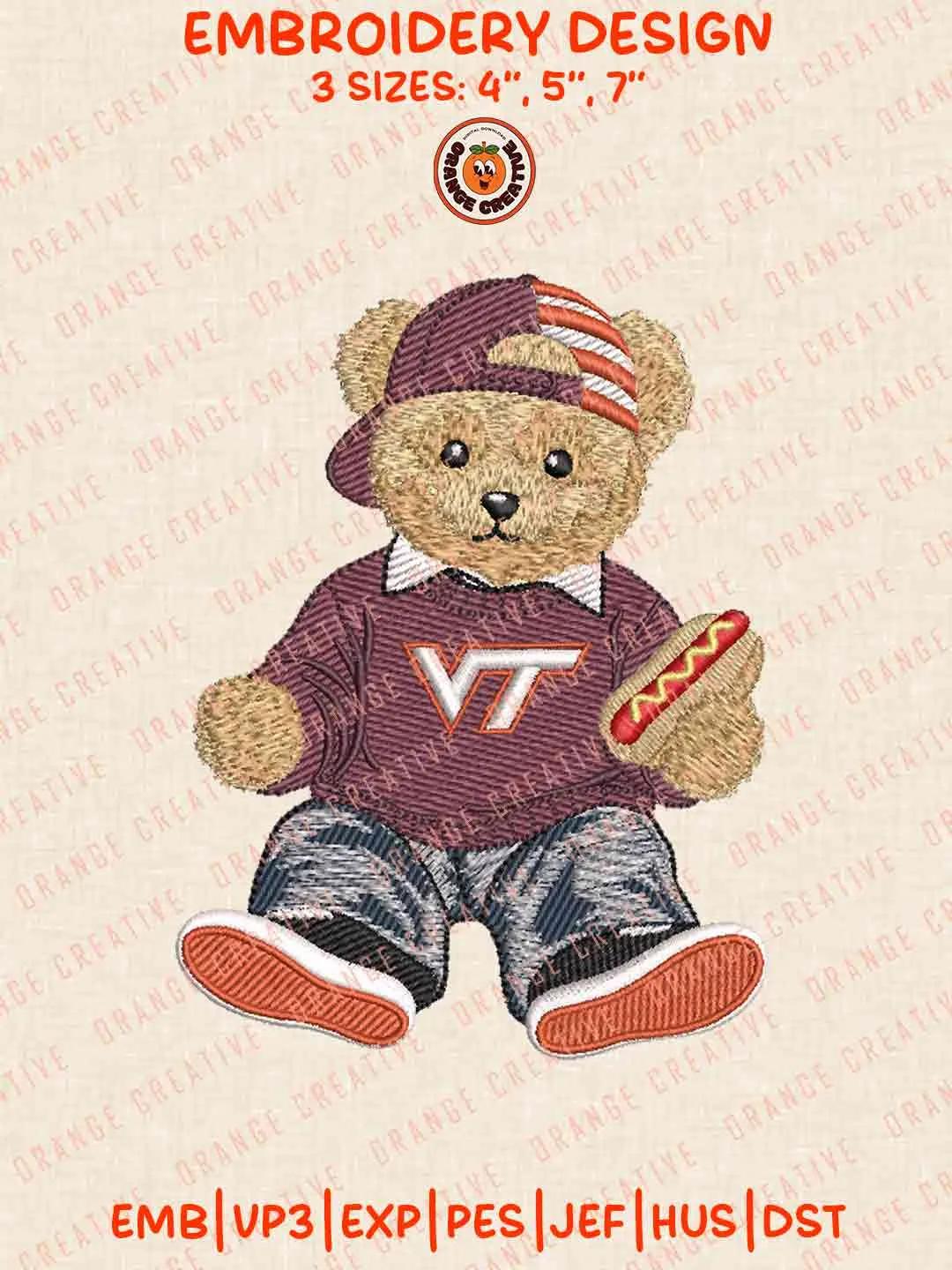 Cute Teddy Bear Virginia Tech Hokies Logo Embroidery Files, NCAA Team Embroidery Design, Machine Embroidery Design File, 4 Sizes, Custom Size, Digital Download