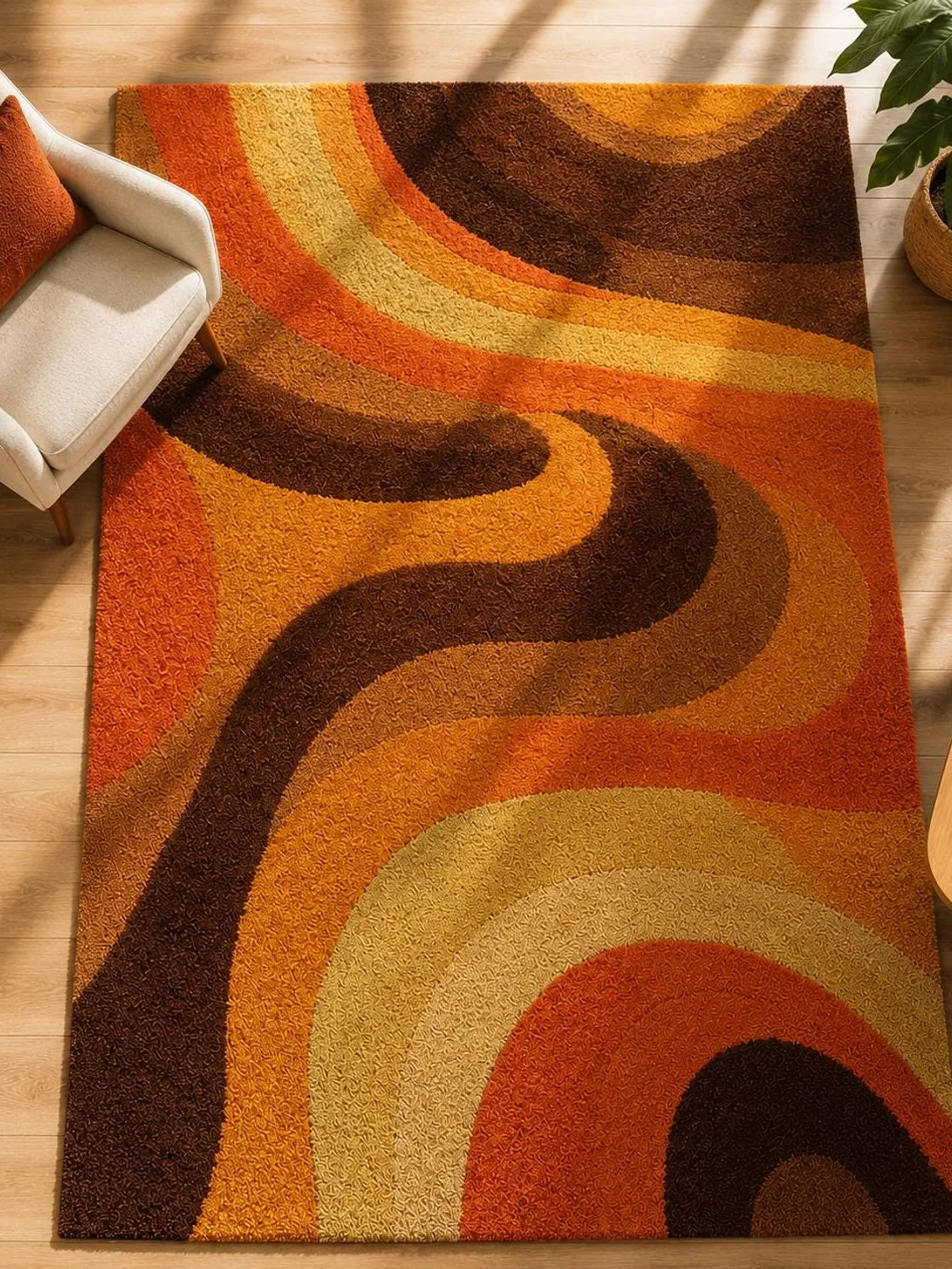 Wavy Long Rug Handmade Abstract Geometric Rug, Mid-Century Modern Wavy Carpet