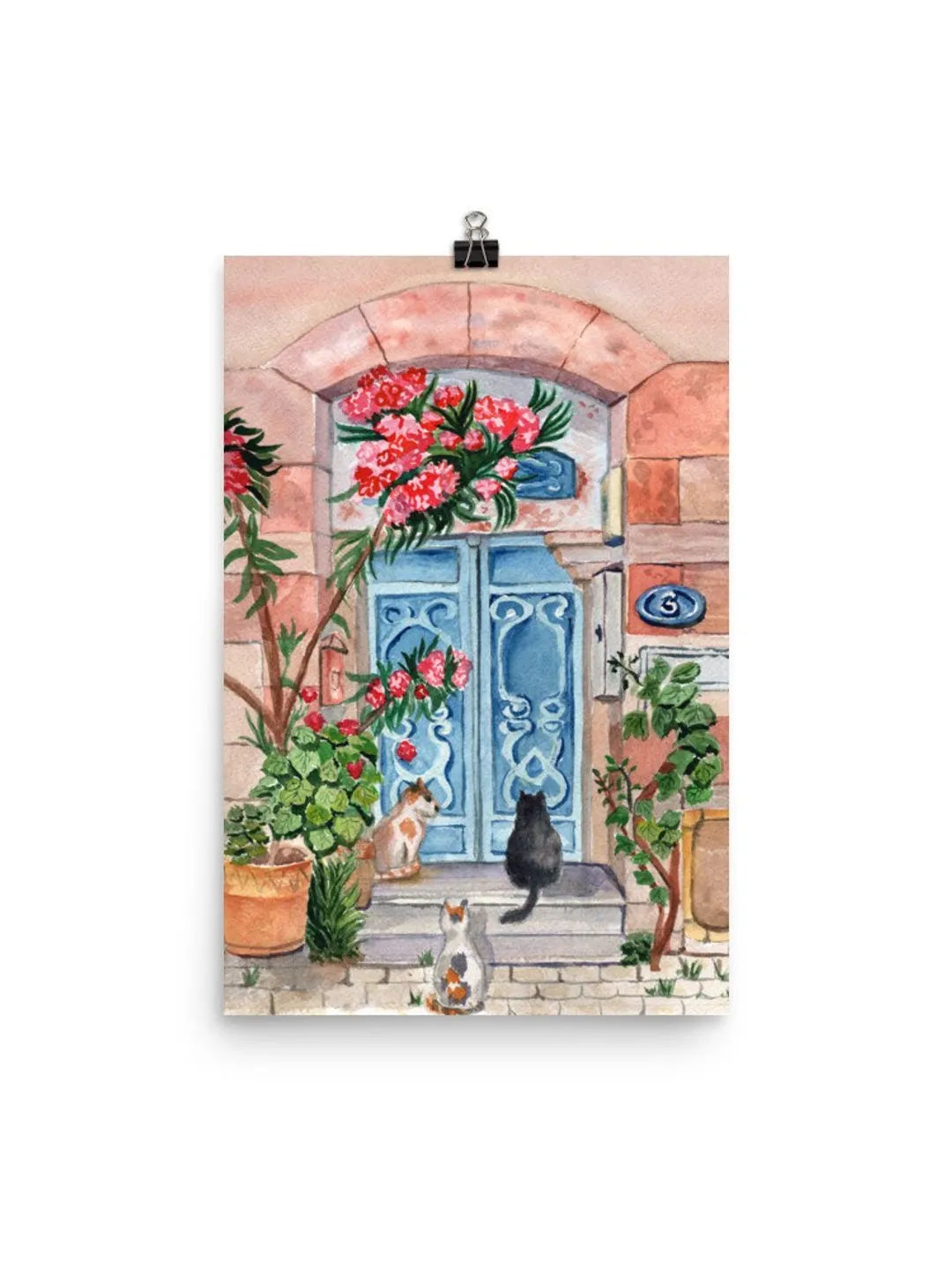 Cat Illustration Watercolor Painting Wall Art Print, Floral Illustration, Cat Home Gift, Gift For Plant Lover, Black Cat Art, Cat In Flower