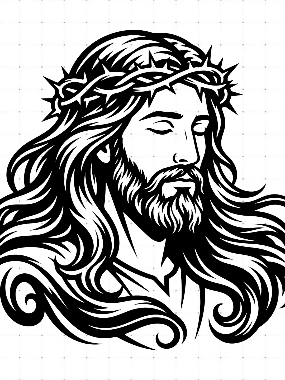Jesus Crown Of Thorns Serene Eyes Closed SVG, Long Hair Jesus Face Profile SVG, Christian Faith Portrait Cut File, Holy Jesus Head Vector, Religious T-Shirt Design, Savior Graphic for Cricut Silhouette