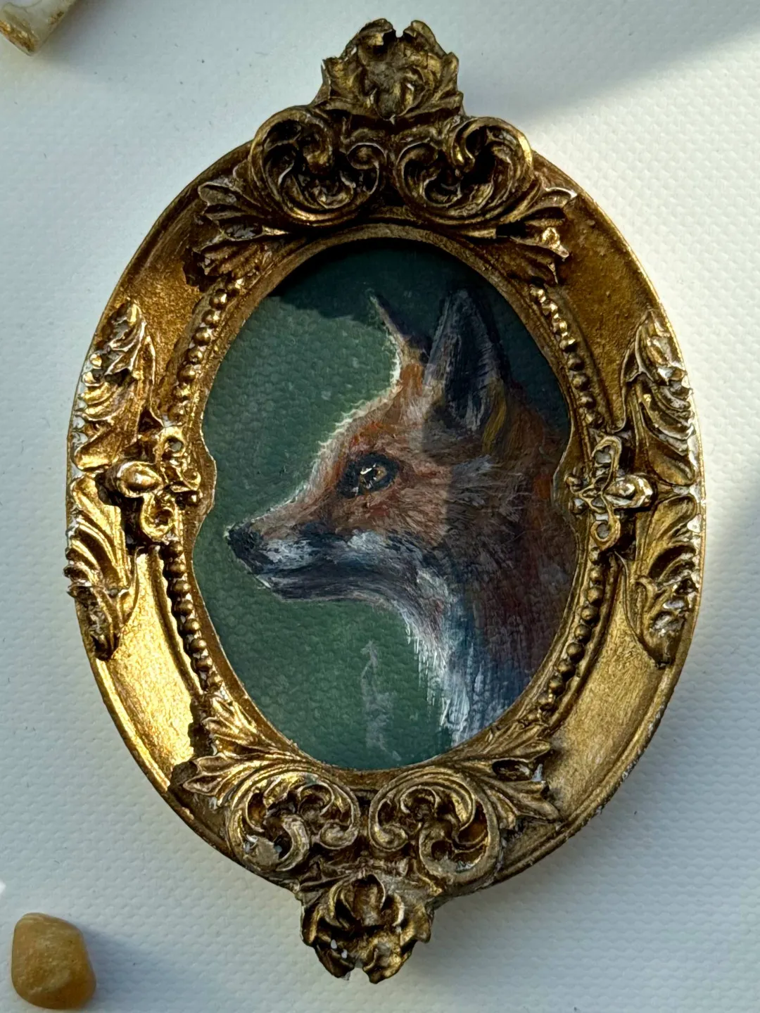 Framed Fox Oil Painting: Original Wild Animal Art Gold Oval Frame
