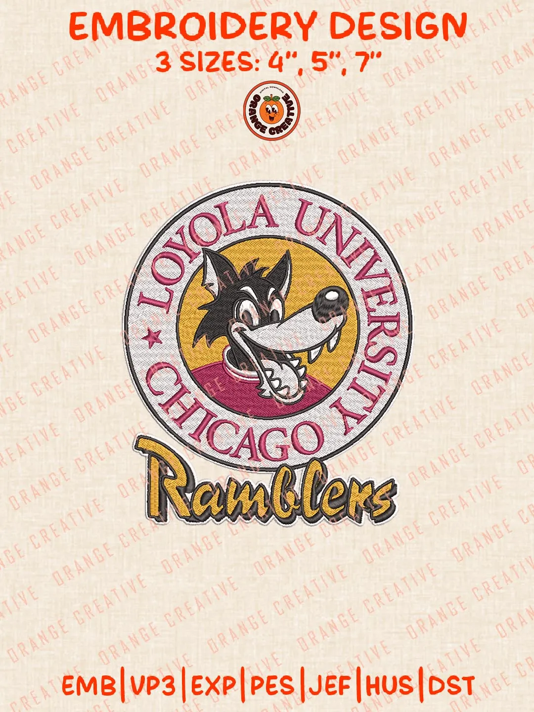 Loyola Chicago Ramblers Logo Embroidery Design Files, NCAA Logos Embroidery Designs, NCAA Machine Embroidery Files, 3 Sizes, Custom Sizes, Instant Download