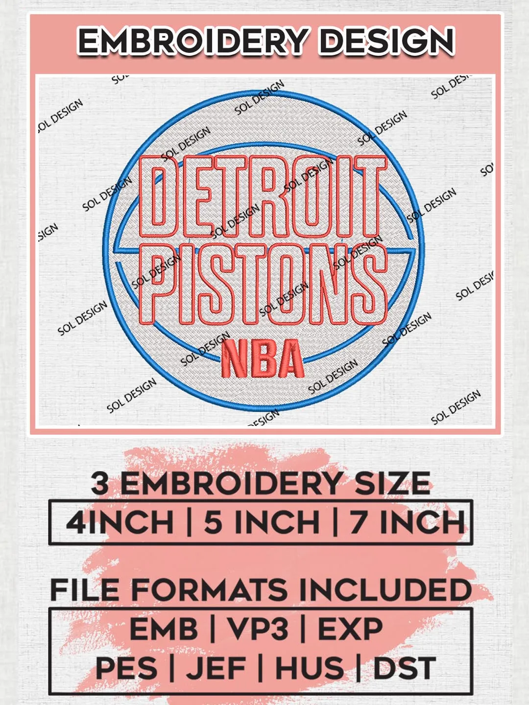 NBA Detroit Pistons Machine Embroidery Designs, Detroit Pistons Embroidery Design Files, NBA Logo Machine Embroidery, NBA Embroidery Design, Digital Download