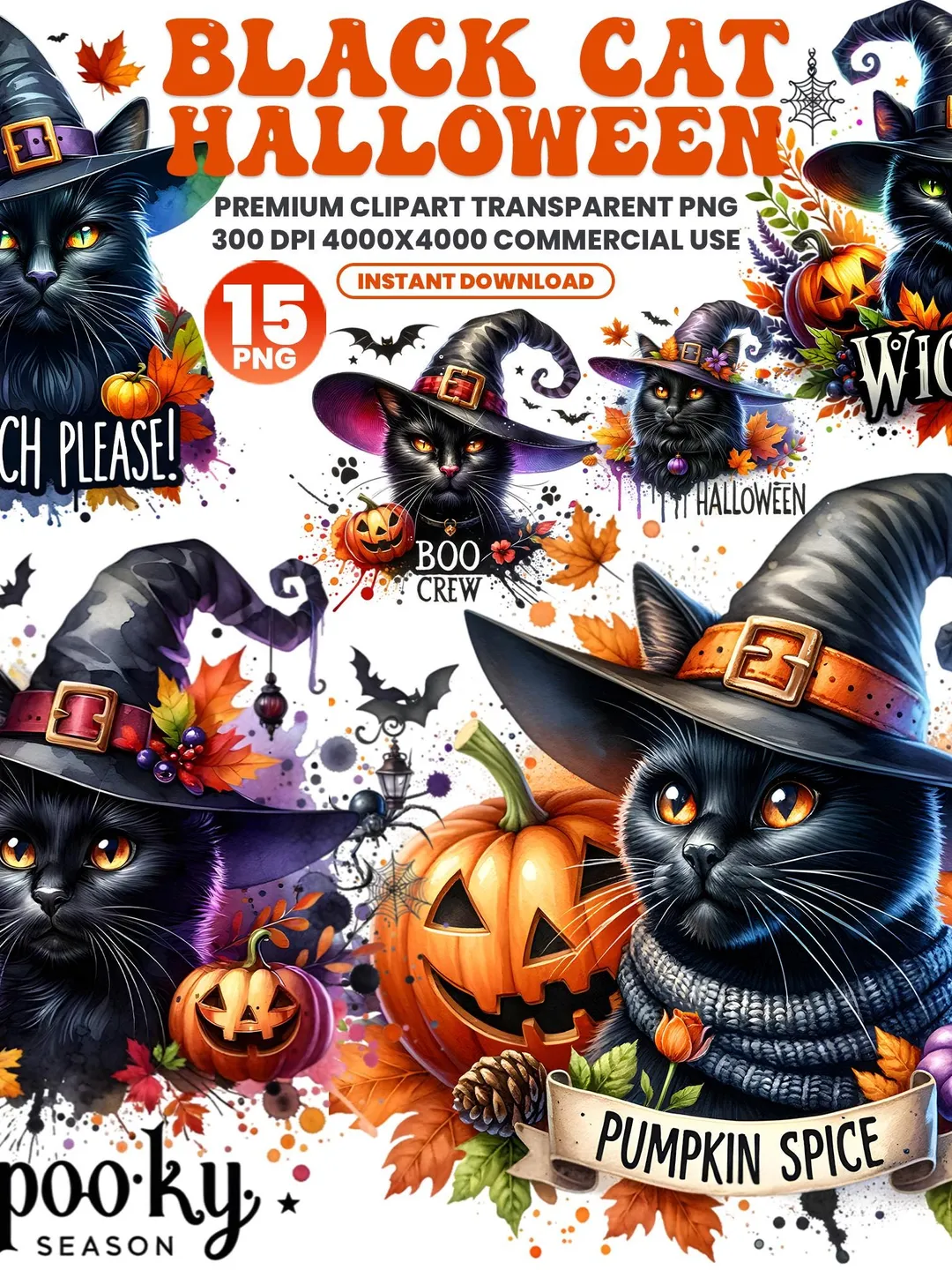 Halloween cat png Black Fluffy Cat with hat and leafs clipart Spooky ...