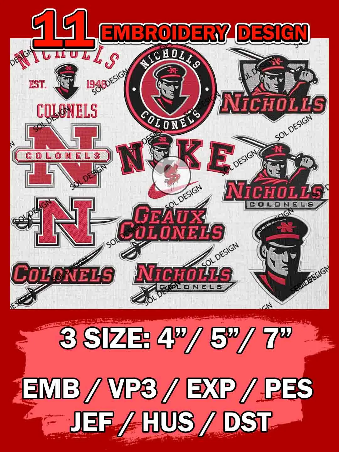 11 NCAA Nicholls Colonels Bundle Embroidery Files, NCAA Nicholls Colonels Team Bundle Embroidery Designs, NCAA Teams, National College Football Team 3 sizes, NCAA Nicholls Machine Embroidery, Digital Download