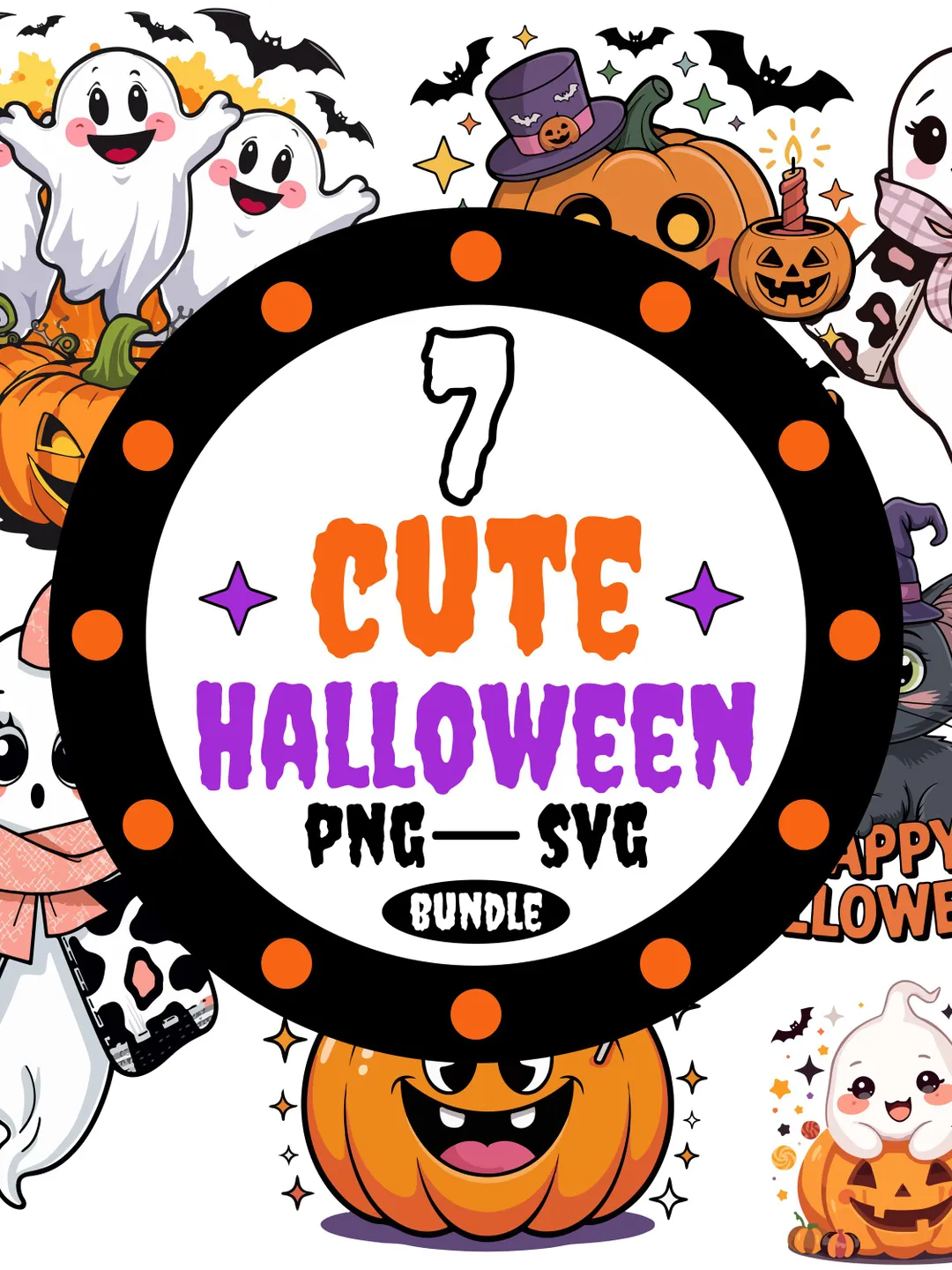 7 Cute Halloween Ghost PNG Bundle – Kawaii Pumpkin, Black Cat, Spooky ...