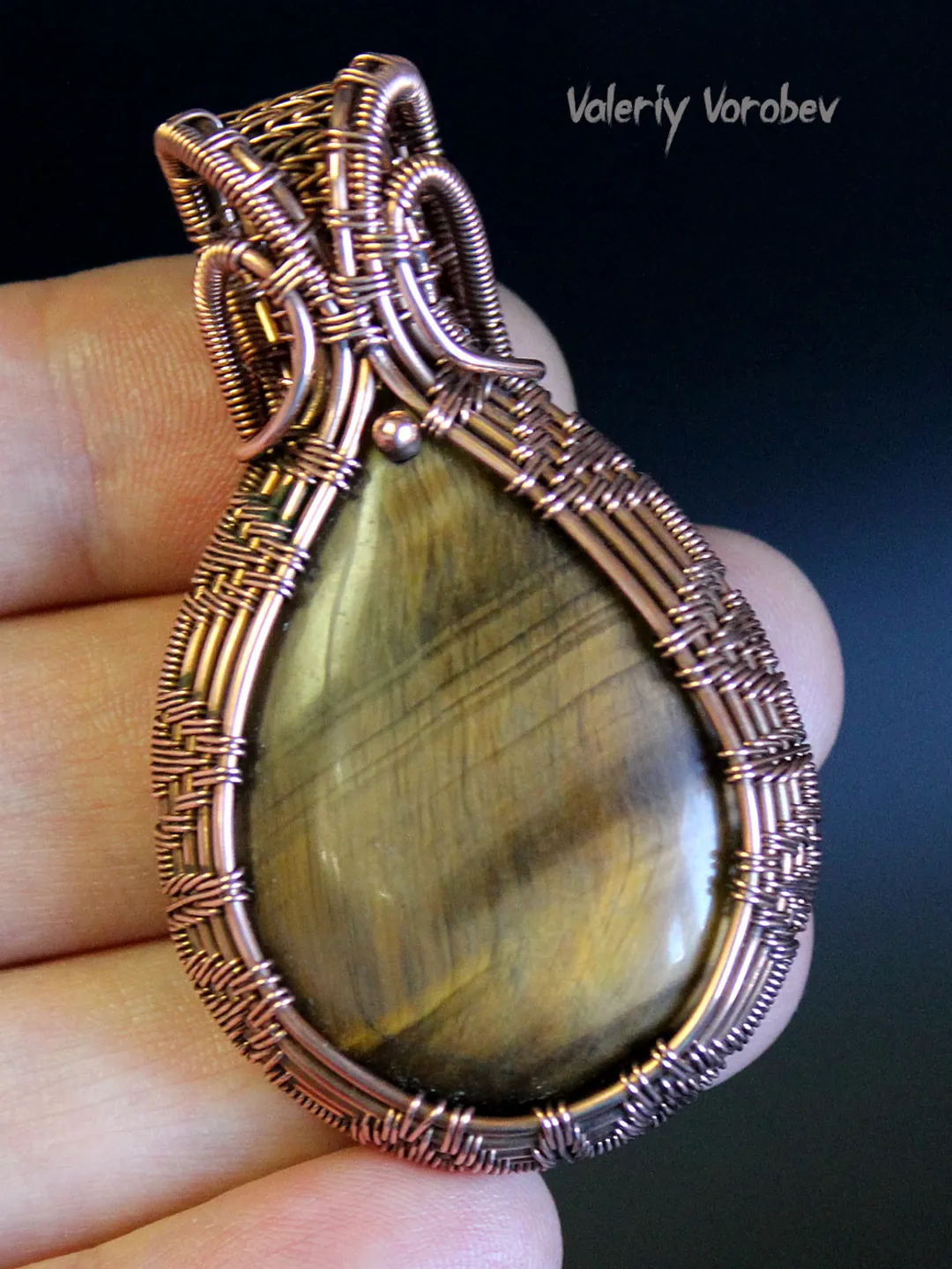 Handmade Tiger’s Eye Teardrop Pendant in Copper Wire