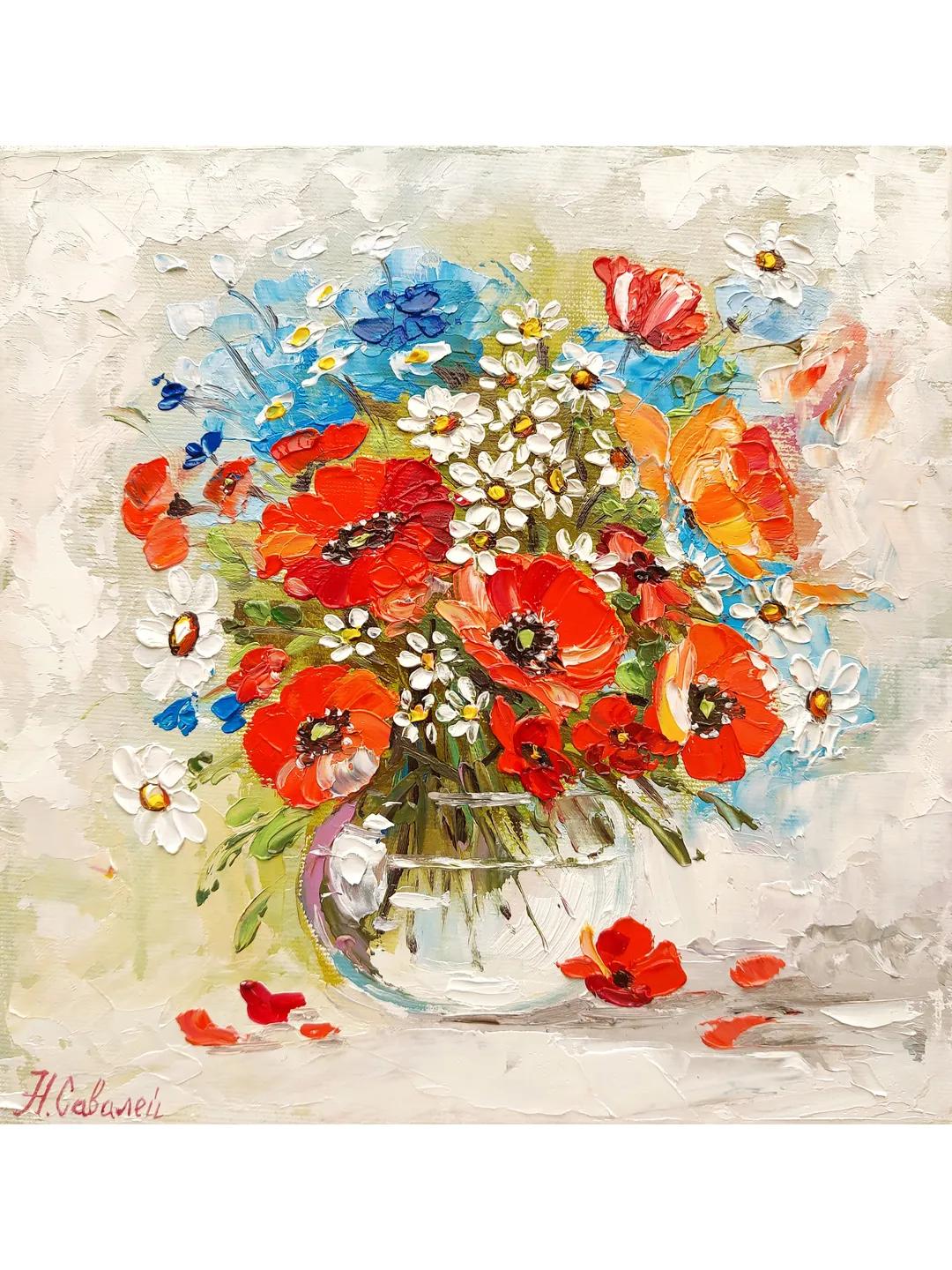 Original Oil Painting Poppies and Daisies Bright Bouquet of Flowers 8" by 8" (20х20sm ) by OilPaintingNatali