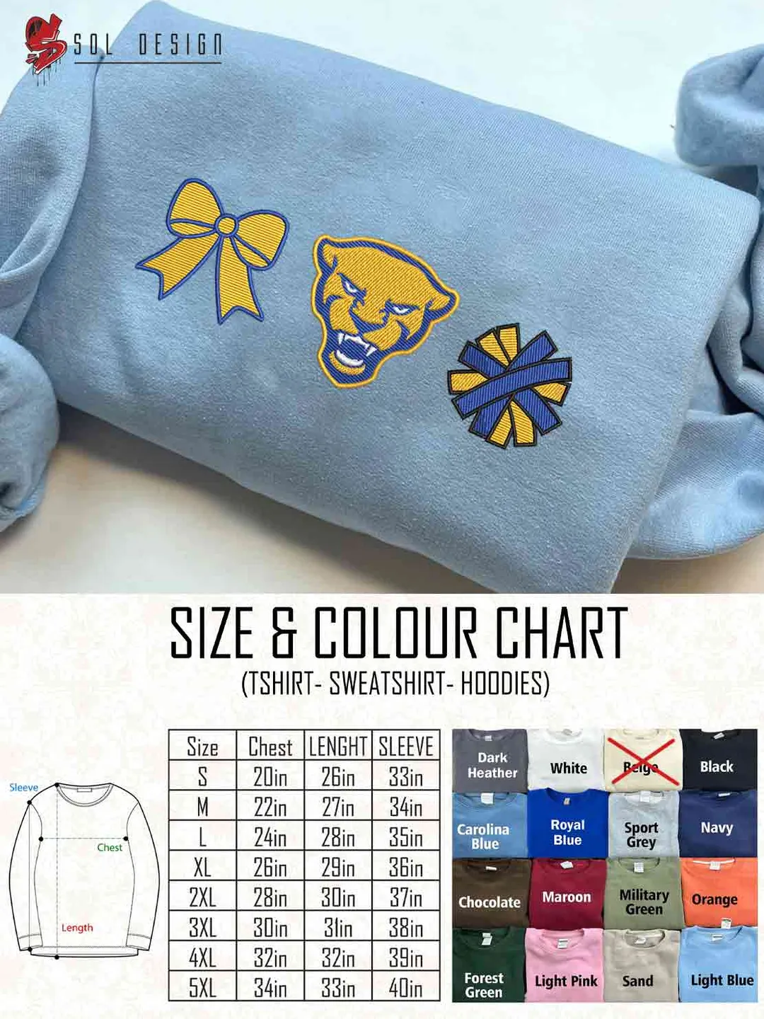 Pittsburgh Panther Cheer Poms Bow Embroidered Sweatshirt, Football Embroidered Sweatshirt, Sport Game Day Cheerleader Shirt, Embroidered Hoodie, Unisex Crewneck, College Football Team Fan Gift Tee