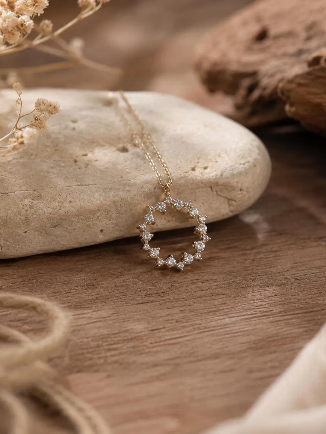 Rose Gold Diamond Loop Charm Pendant Necklace, Open Circle Diamond Pendant, Minimalist Fine Jewelry Gift for Women
