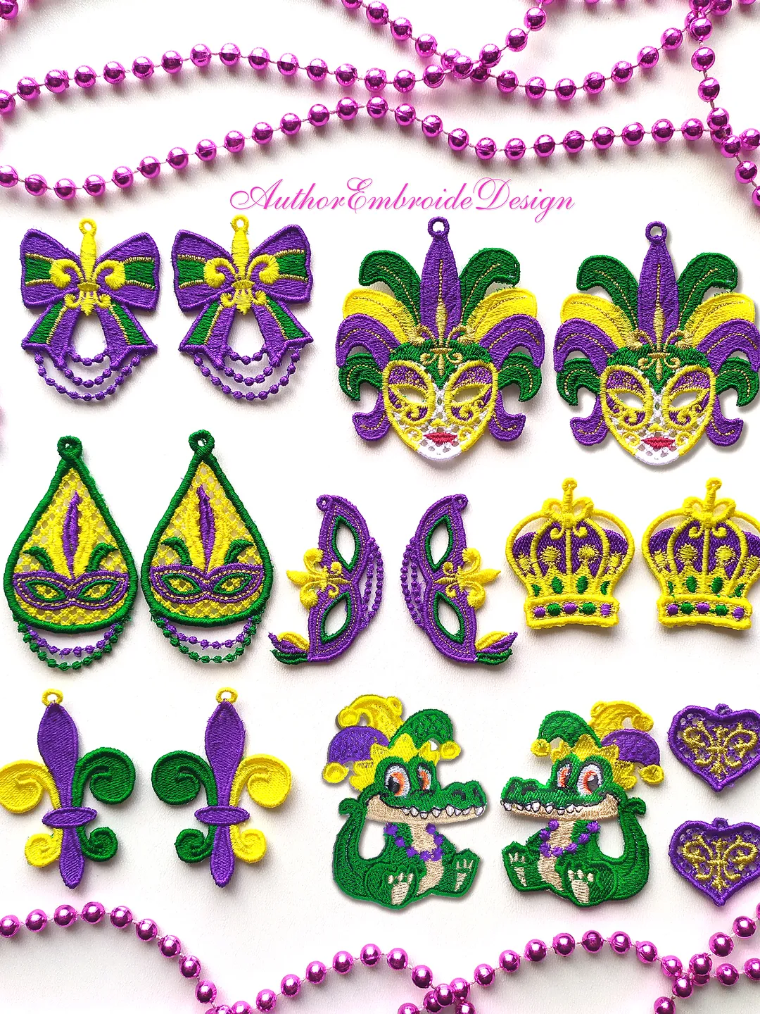 Set 8 FSL Mardi Gras Earrings machine embroidery design download, Free Standing Lace digital embroidery files for carnival earrings #FS35