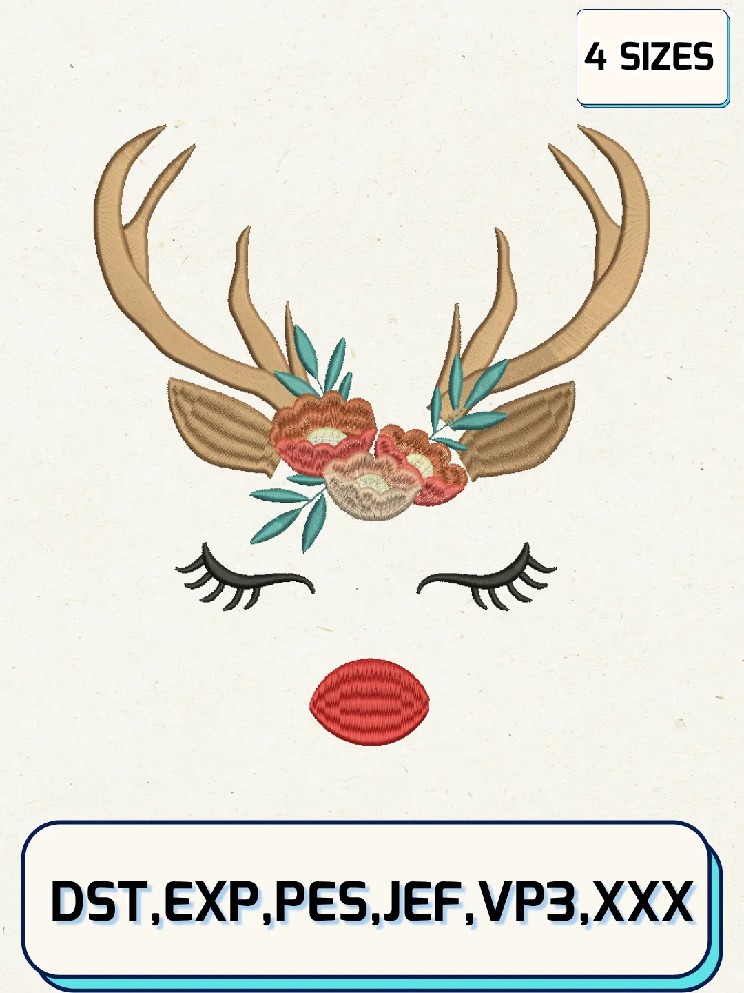 Reindeer Face Flower Christmas Embroidery Design Files,Christmas Embroidery Designs,Machine Embroidery Files,4 Sizes