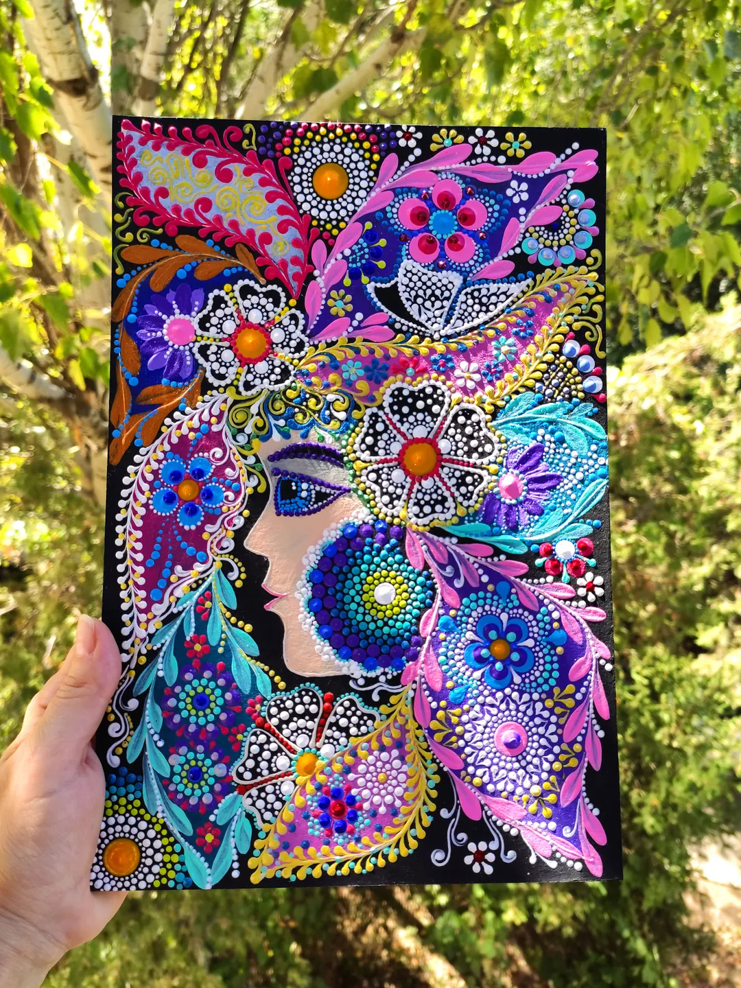 Girl Dot Painting. Floral Portrait Acrylic Original Art 30 by 20 cm / 12 by 8 ''