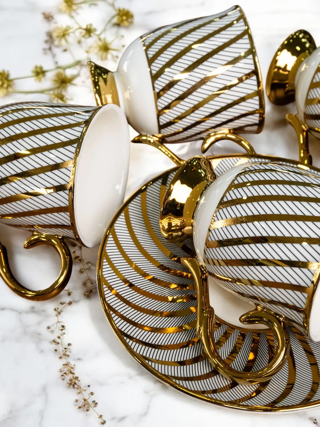 14K Genuine Gold Powder Porcelain Tea Cups And Saucers | Tea Cups Saucers Set | Gold Porcelain Set | Elegant Teaware | Gift For Tea Lovers