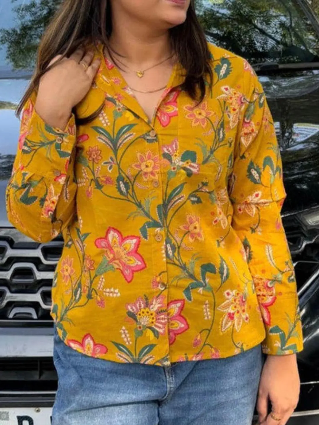 Handmade Floral Block Print Shirt, Mustard Yellow Boho Tunic Top