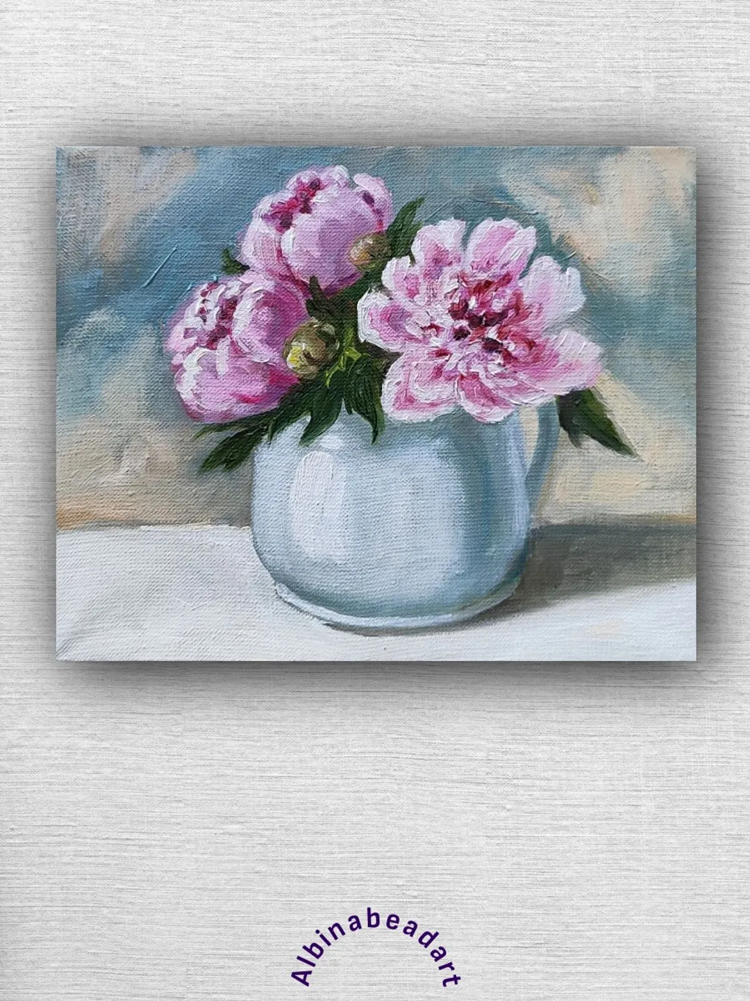 Peonies Painting Original Oil Art Stretched Canvas Pink Flowers Artwork 20 by 25