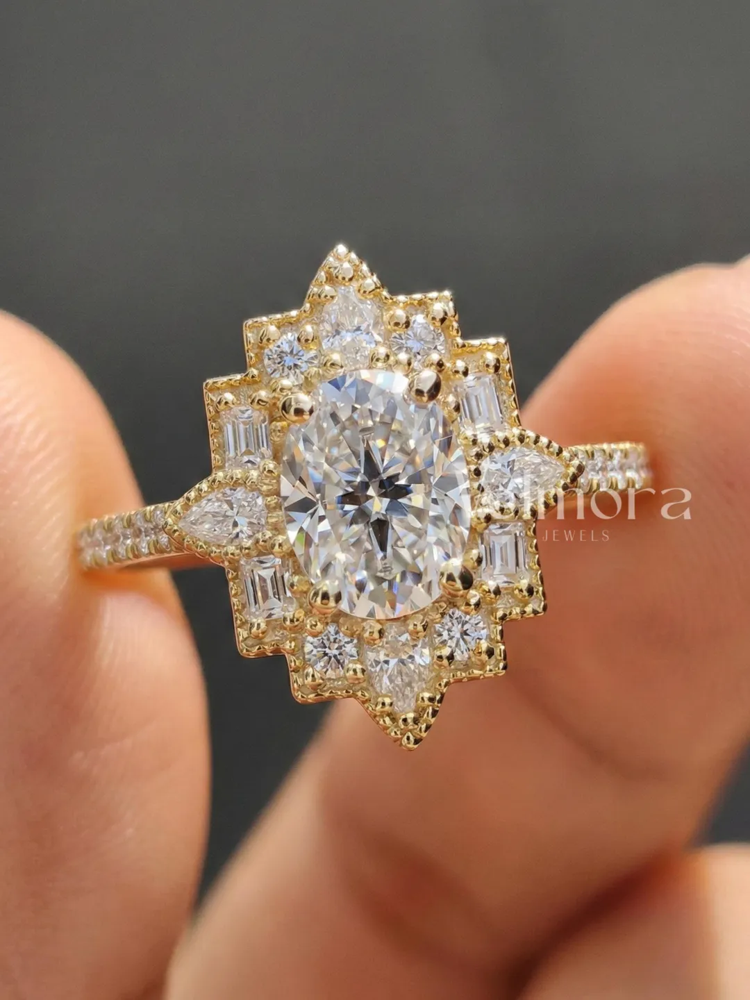 Oval Diamond Halo Engagement Ring, Gold Art Deco Bridal Jewelry