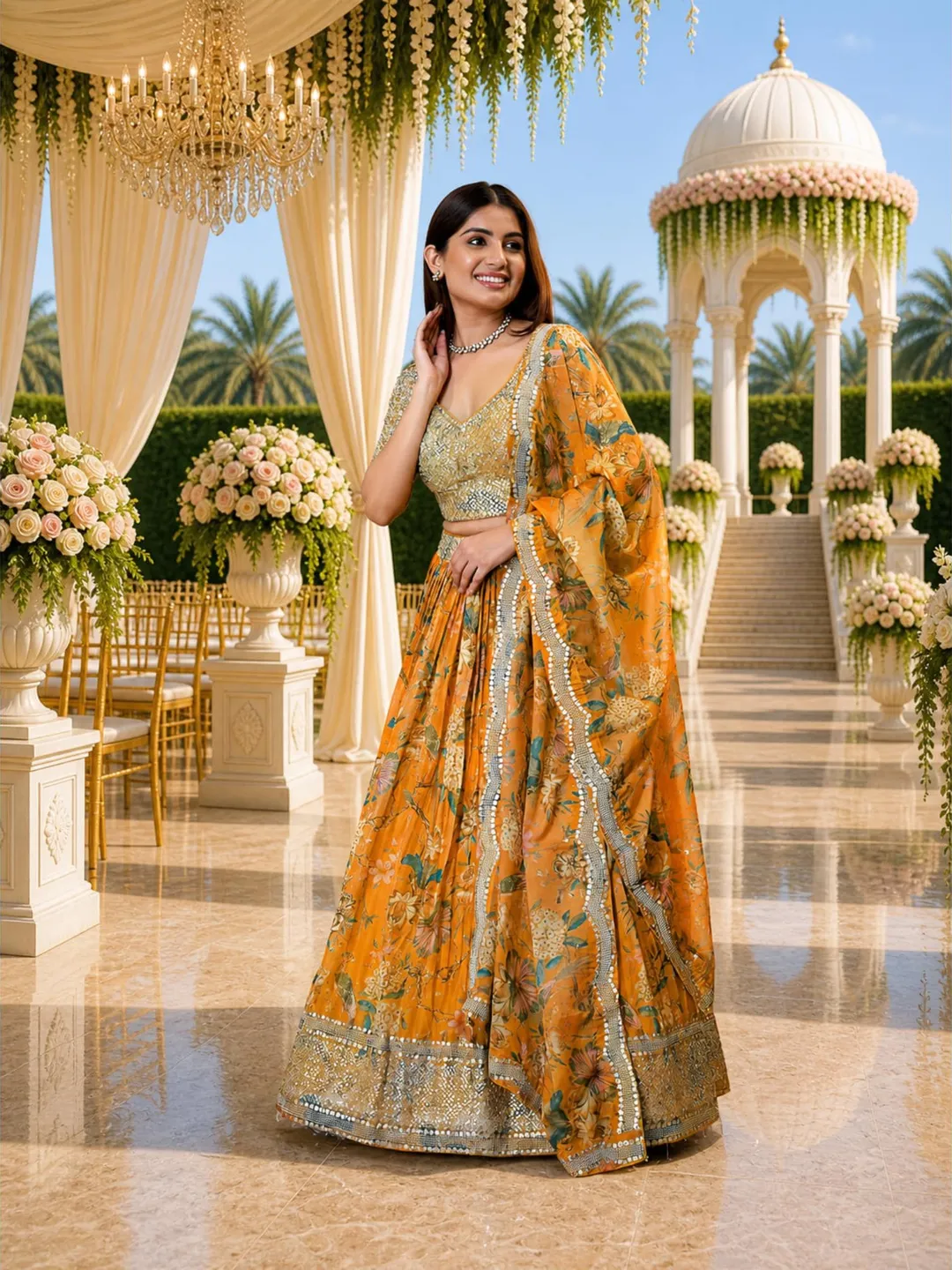 Orange Ready To Wear Lehenga Choli: Indian Wedding Wear, Sequins Embroidery