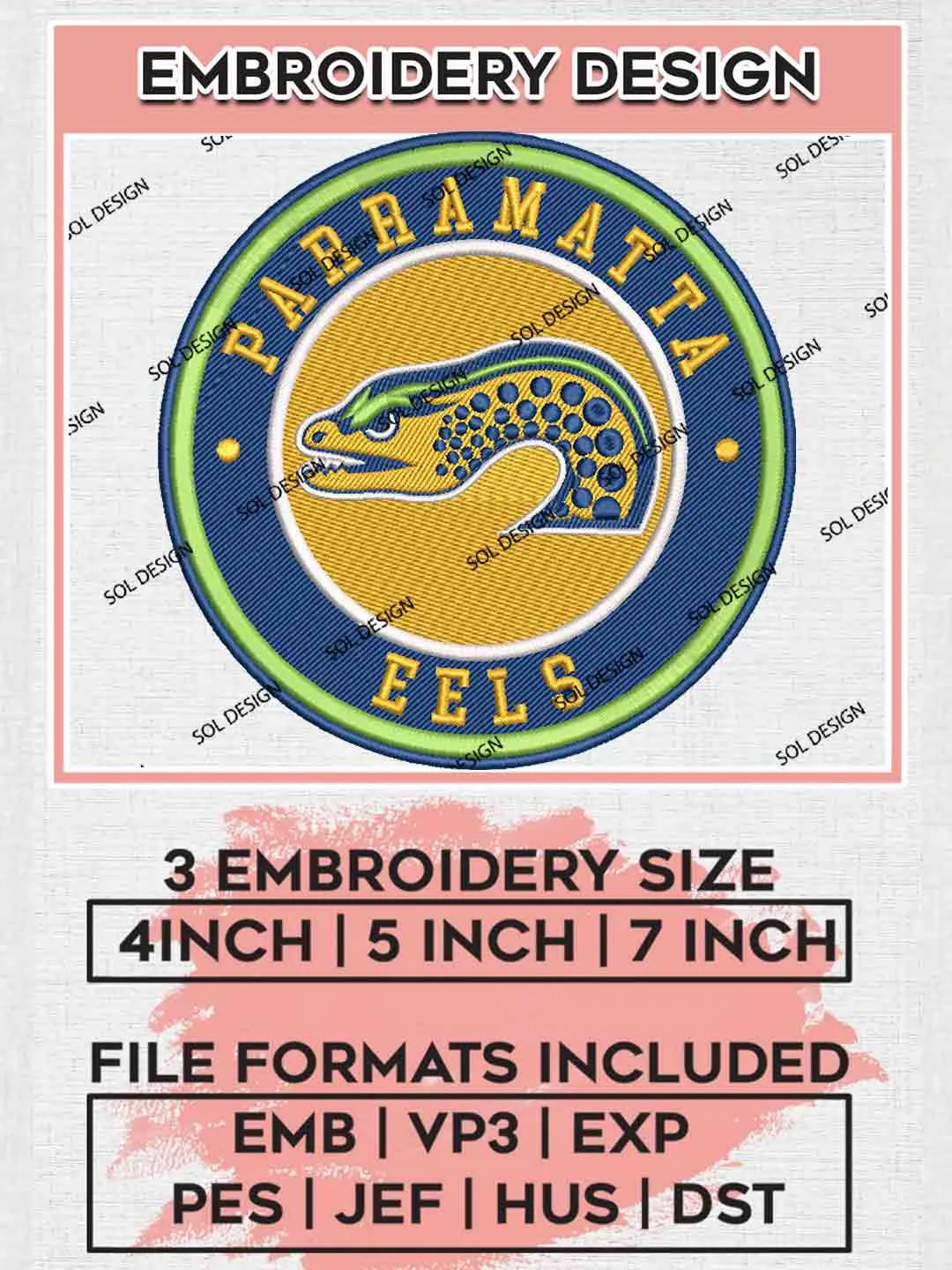 NRL Parramatta Eels Circle Logo Embroidery Design, National Rugby League Embroidery Design, Parramatta Eels Logo Embroidery Design, NRL Machine Embroidery Digitized Pes File, 3 Sizes, Instant Download